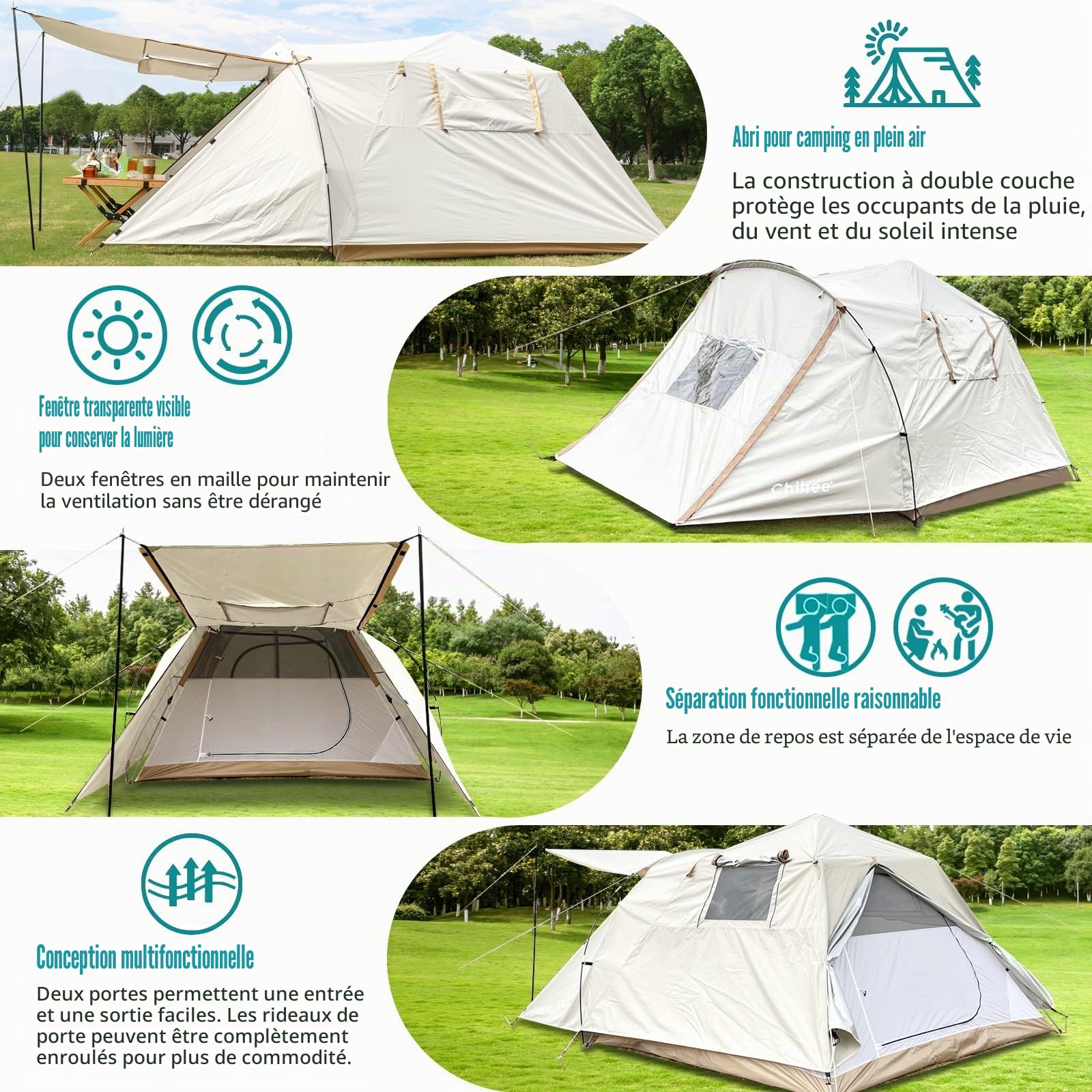 Chihee Tente de Camping Portable Pop-Up Familiale - Véranda Grillagée, Auvent de Salle, 2 Portes, À l'Épreuve des Intempéries, Très Grande, Montage Instantané, 4 Saisons