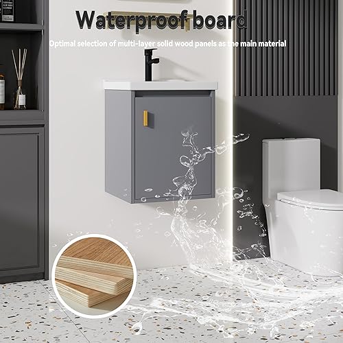 Miniatura 128 de Tocador de baño de 20 pulgadas con lavabo de cerámica, tocador de baño pequeño montado en la pared con puerta de cierre suave, gabinete flotante