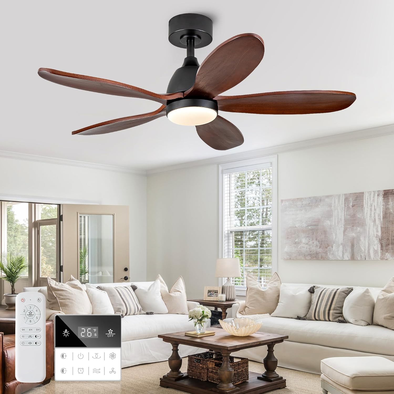 42 Inch Solid Wood Ceiling Fans With Lights, Remote Control, Dimmable, Reversible, Wood Blades, Power-Off Memory, Quiet DC Motor, Indoor/Oudoor Ceiling Fan with Light for Patio Walnut Downrod Mount 42 Inch