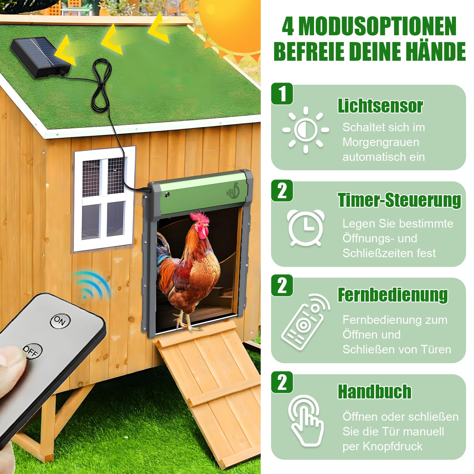 MaxAwe Automatische Hühnerklappe Solar, Aluminum Hühnerstalltür Automatisch, Lichtsensor, Timer, Intelligenter Einklemmschutz Elektrische Hühnerklappe, Hühnertür mit Fernbedienung