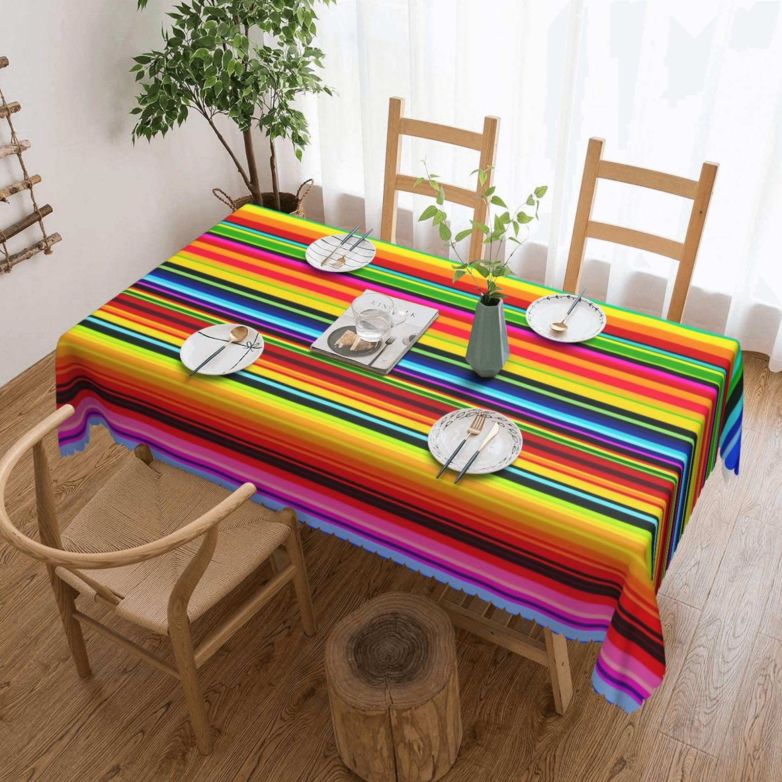 WPKJU Colorful Mexican Stripes Printed Rectangle Tablecloth 72x54 Inch with Lace Trim, Water-Resistant Washable Table Cover for Farmhouse Weddings, Outdoor Picnics & Holiday Dining