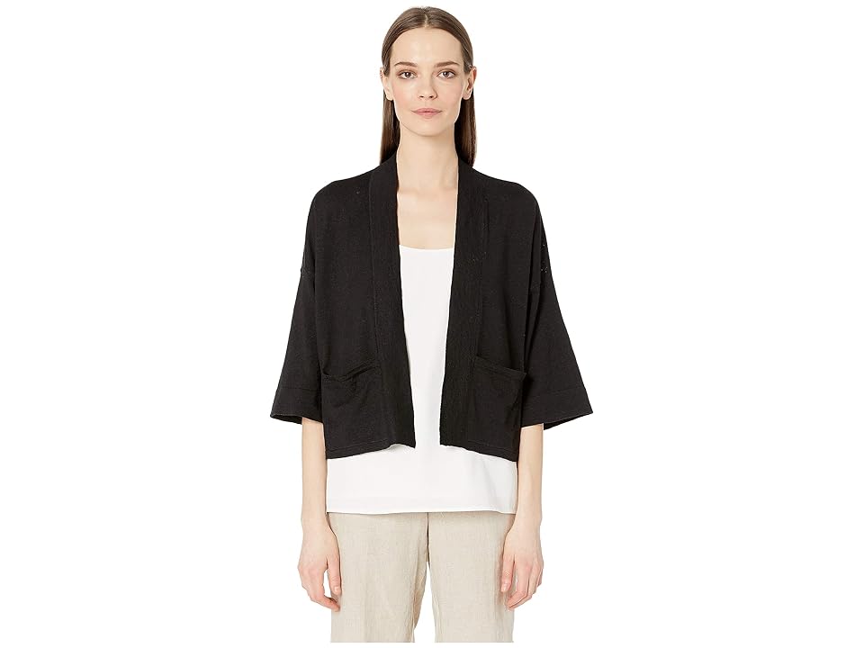 

Eileen Fisher Organic Linen Crepe Stretch Boxy 3/4 Sleeve Short Cardigan (Black) Women's Clothing