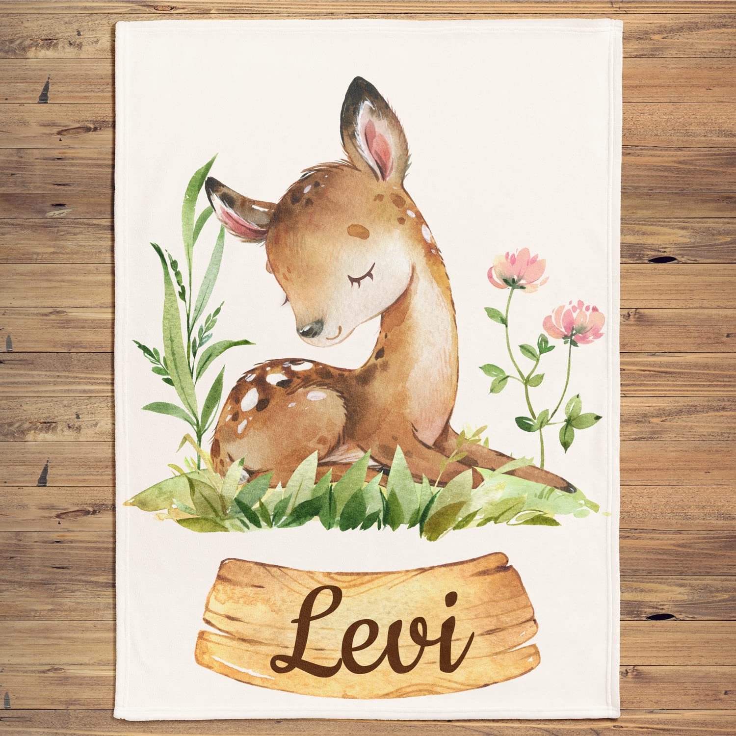 Personalisierte Babydecke mit Rehlein & Blumen Motiv | Kinderdecke personalisierbar mit Wunsch Name & Rehgeiß | Baby Decke Namensdecke (REH), 80 x 110 cm