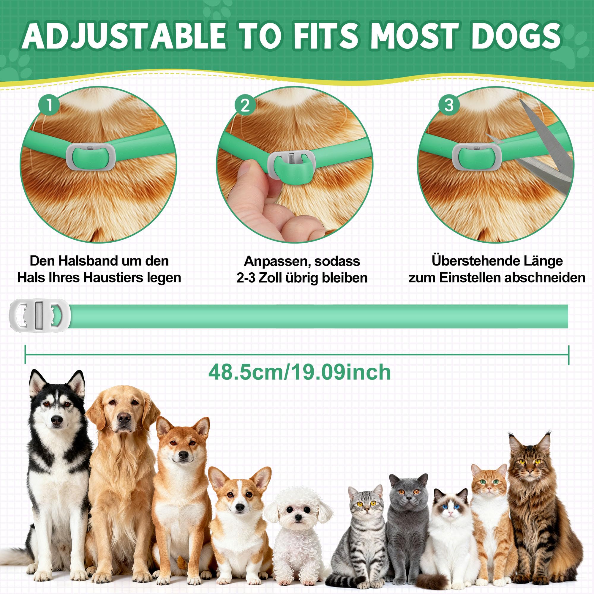 2 Pcs Floh Zeckenhalsband für Katzen & Hunde | Bis zu 16 Monate Langzeitschutz | Natürlicher Floh- und Zeckenschutz | Wasserdichter Verstellbares (Grün, Universal)