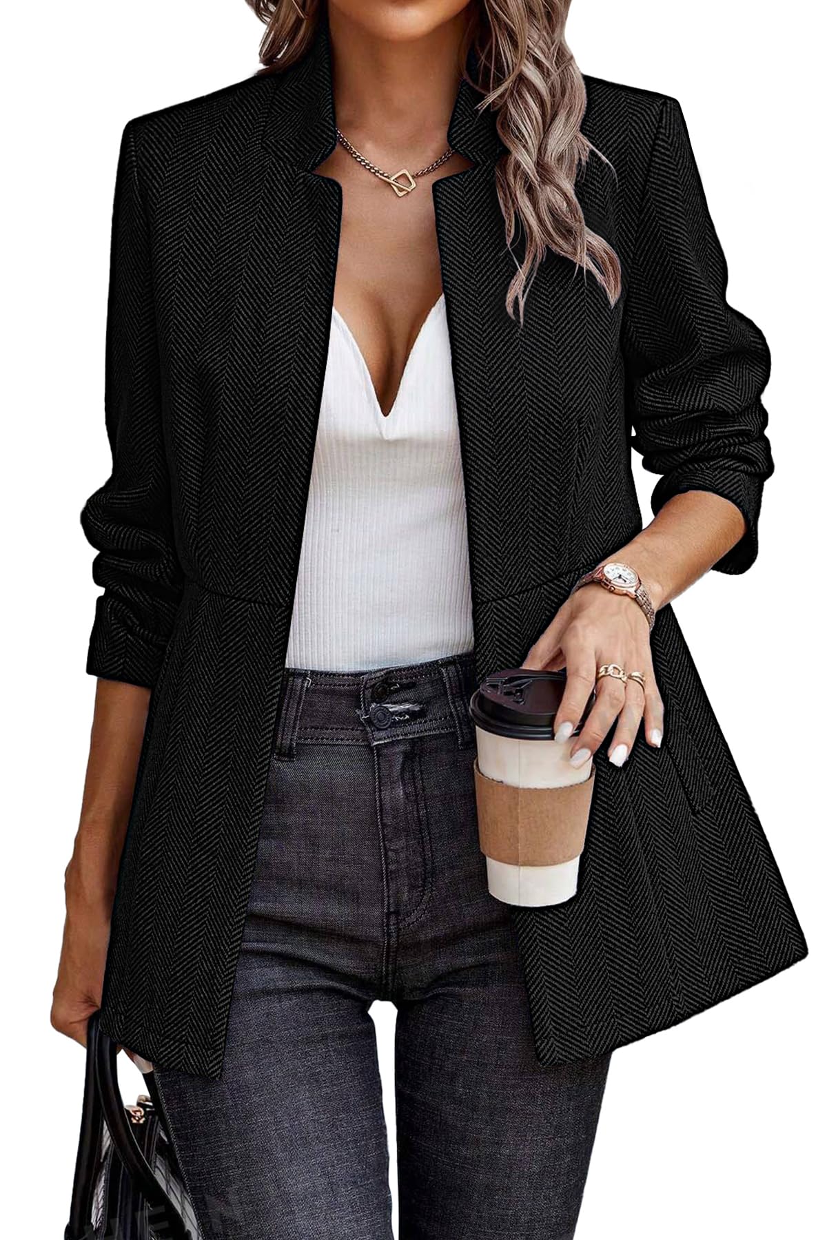 ELLEVEN Womens Open Front Herringbone Blazer-Business Casual Long Sleeve Work Jacket with Full Lining and Padded Shoulders