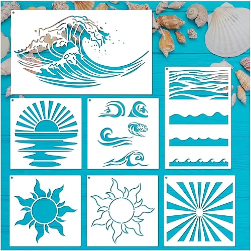 Plantillas de olas de playa para pintar sobre madera, lienzo reutilizable, plantilla náutica de rayos solares para manualidades, proyectos de arte