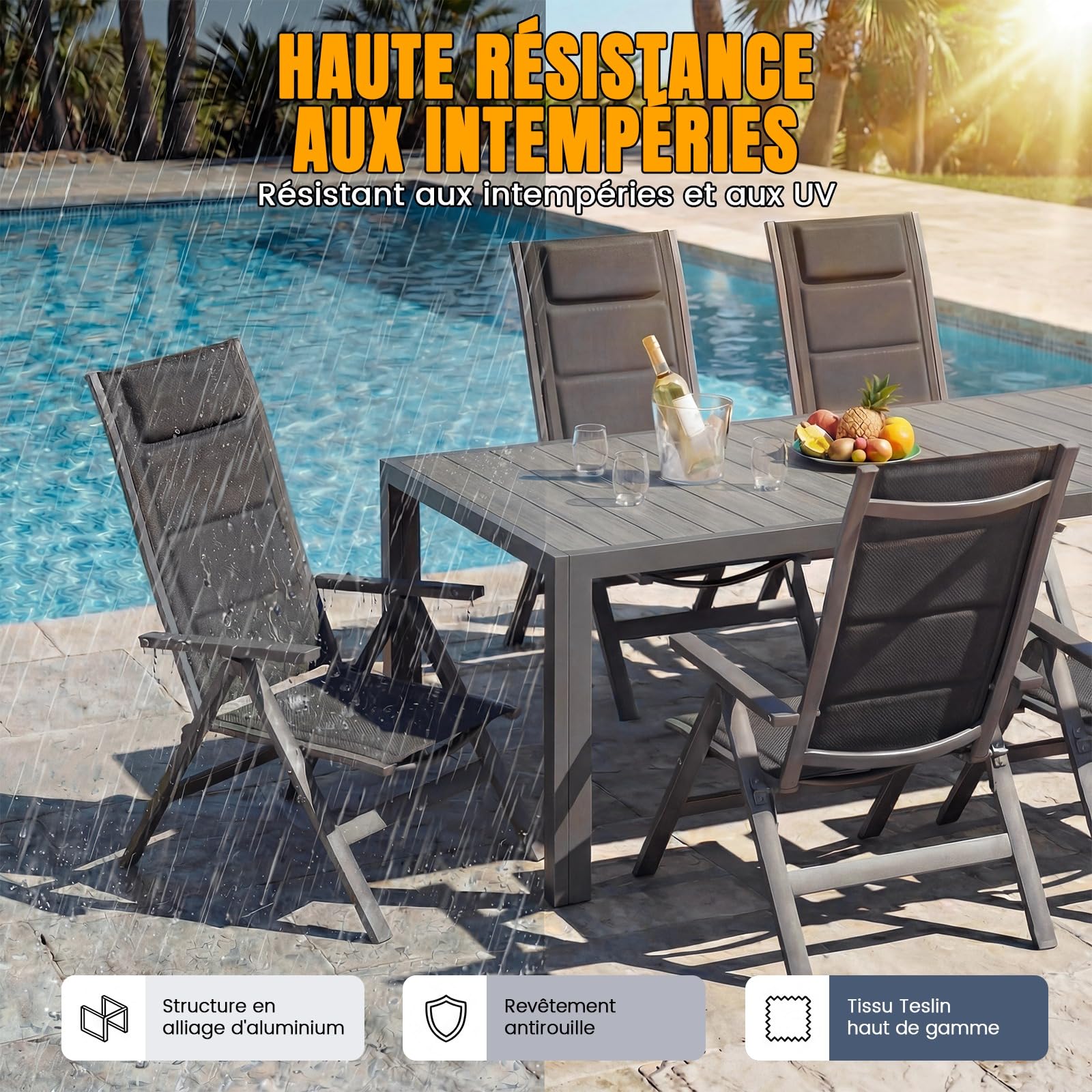 Devoko Lot de 2 Chaises de Jardin Pliantes Aluminium - Fauteuil de Jardin Exterieur Réglables sur 7 Positions, Portable Chaise à Dossier Haut Adapté à Toutes Tables pour Jardin, Terrasse, Piscine