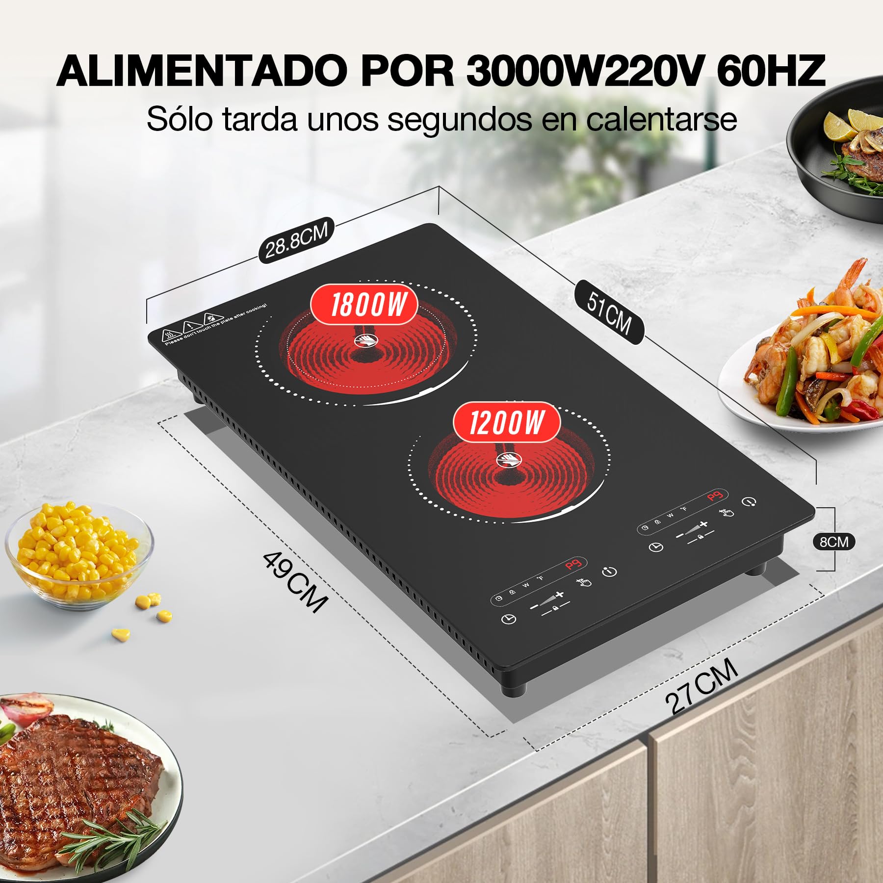 VBGK Placa Vitrocerámica 2 Fuegos con Enchufe, 3000W Placa Electrica Cocina Empotrable, 9 Niveles de Potencia, Temporizador, Bloqueo Niños, Compatible con Todos los Utensilios, 220-240V