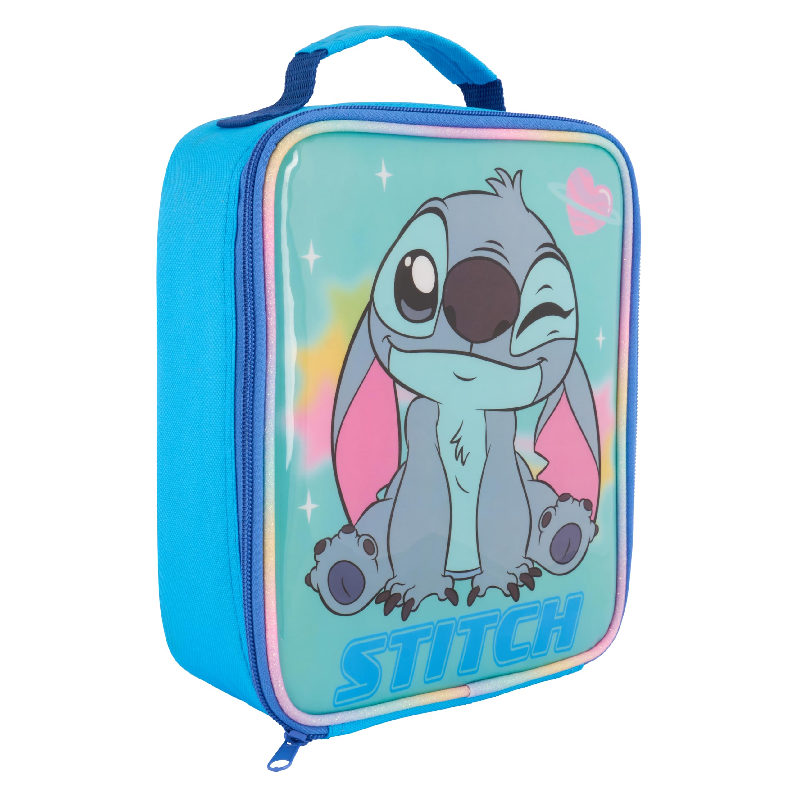 Disney Stitch Insulated Lunch Bag, Blue Character Design, Polyester with Easy-Clean Antibacterial Lining, Perfect for School and Travel