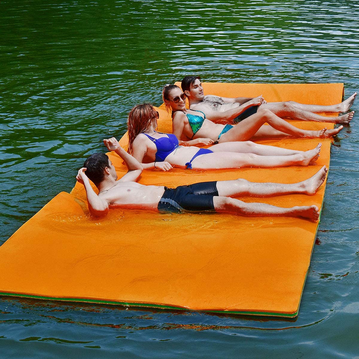 Goplus 12' x 6’ Floating Water Pad, 3-Layer Tear-Resistant XPE Foam Mat, with Mooring Device and Hook-Loop Straps Roll-Up Floating Island for 4-6 Person on Pool Lake River