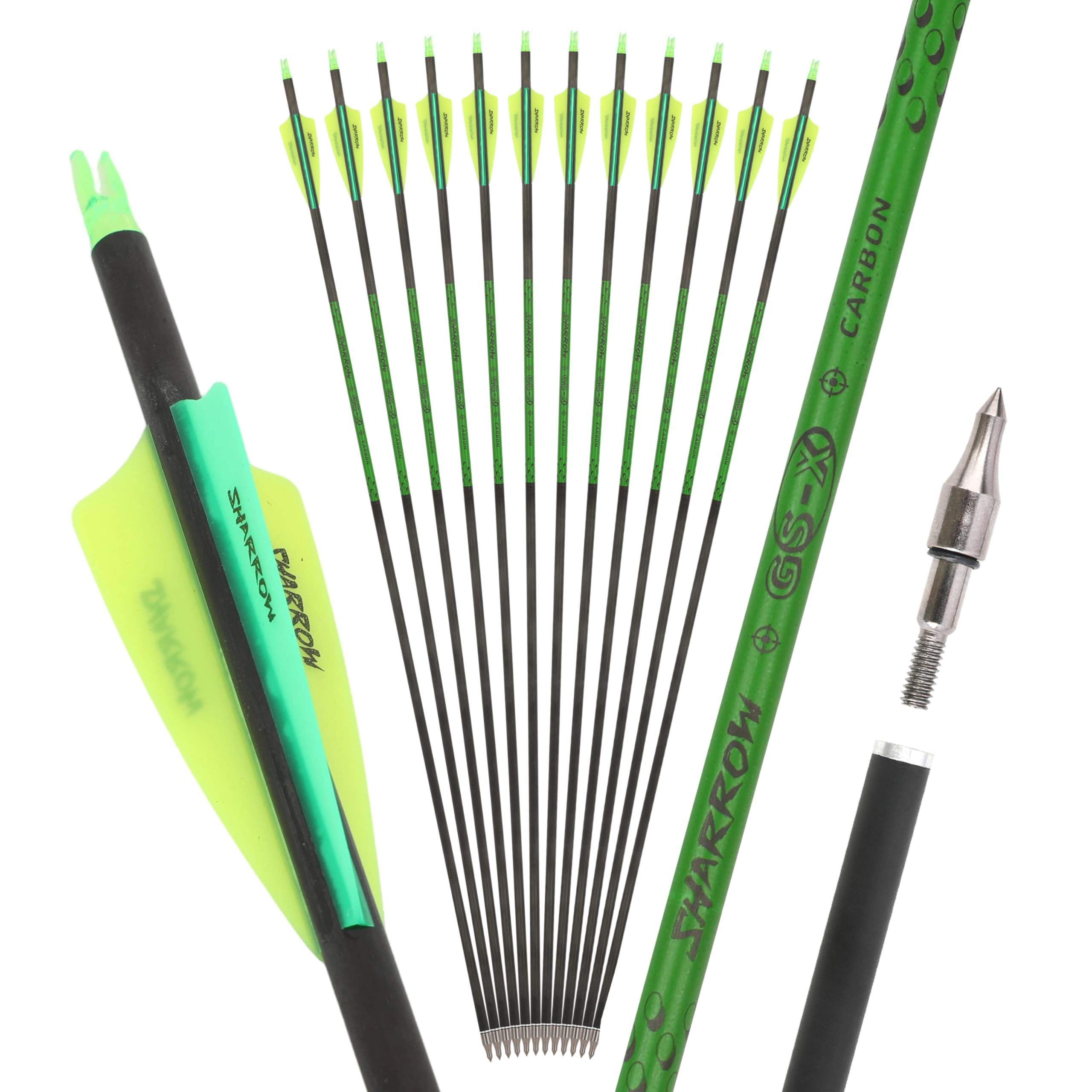 limaity 30 Inch Carbon Arrow Spine 300-800 Archery Targeting Hunting Arrows with 100 grain Tips for Compound & Recurve & Long Bow(12PCS,Spine700,2 yellow 1 green)