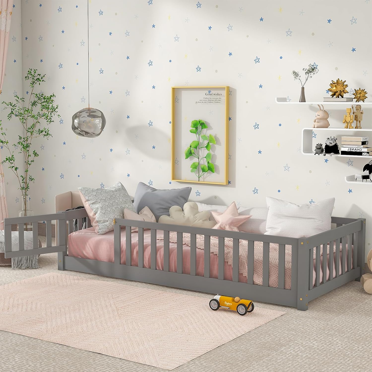 Pine Wood Floor Bed with Slats Fence & Door Easy Assembly Twin Size Bed Frame for Children Girls Boys (202 x 106 x 44cm) Grey One Size