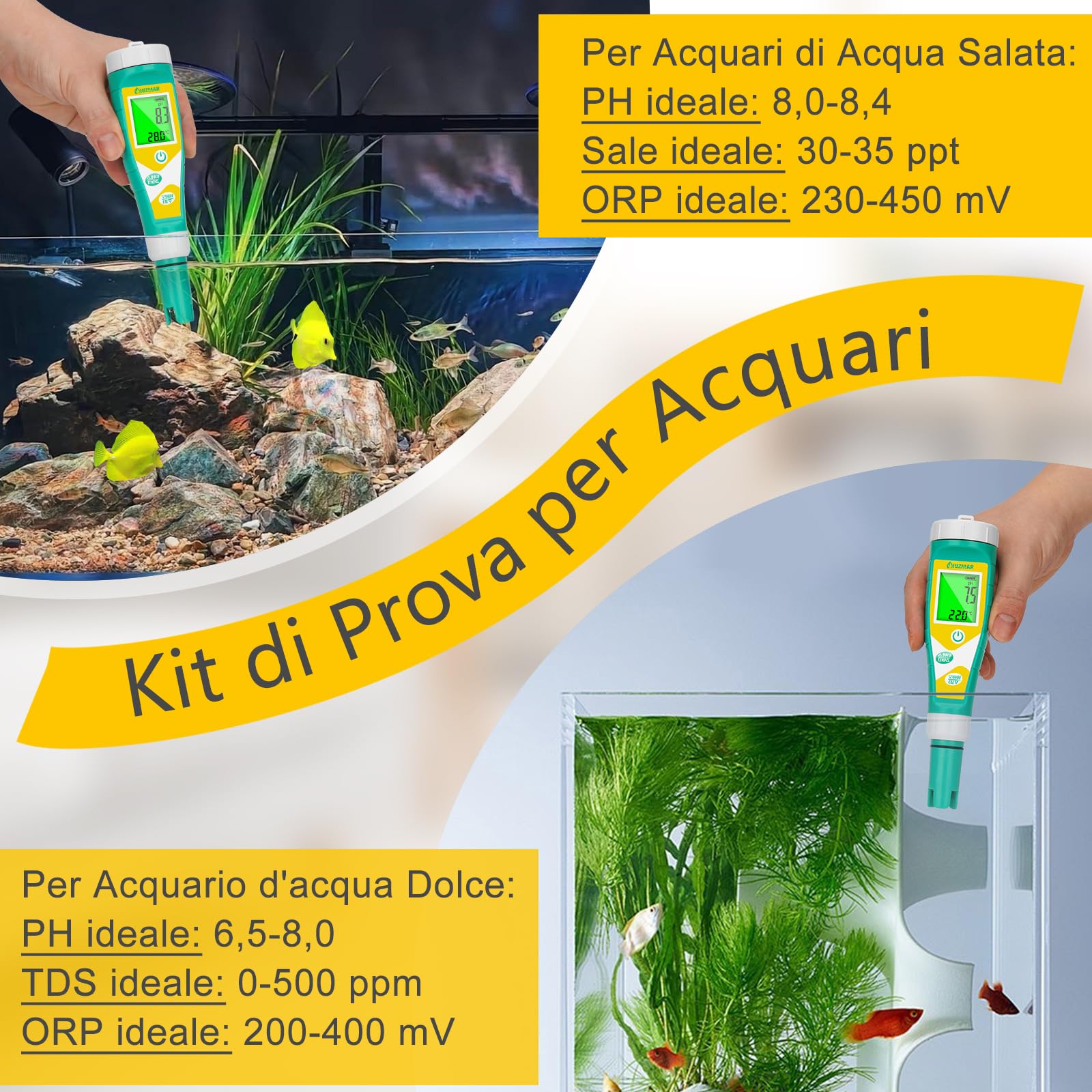 UIUZMAR Misuratore di pH e ORP Redox Salinità Piscina, 6 in 1 Tester | pH Sale Redox EC TDS per Piscina di Acqua Salata, Misuratore pH EC TDS per Idroponica, Acquario, Acqua Potabile