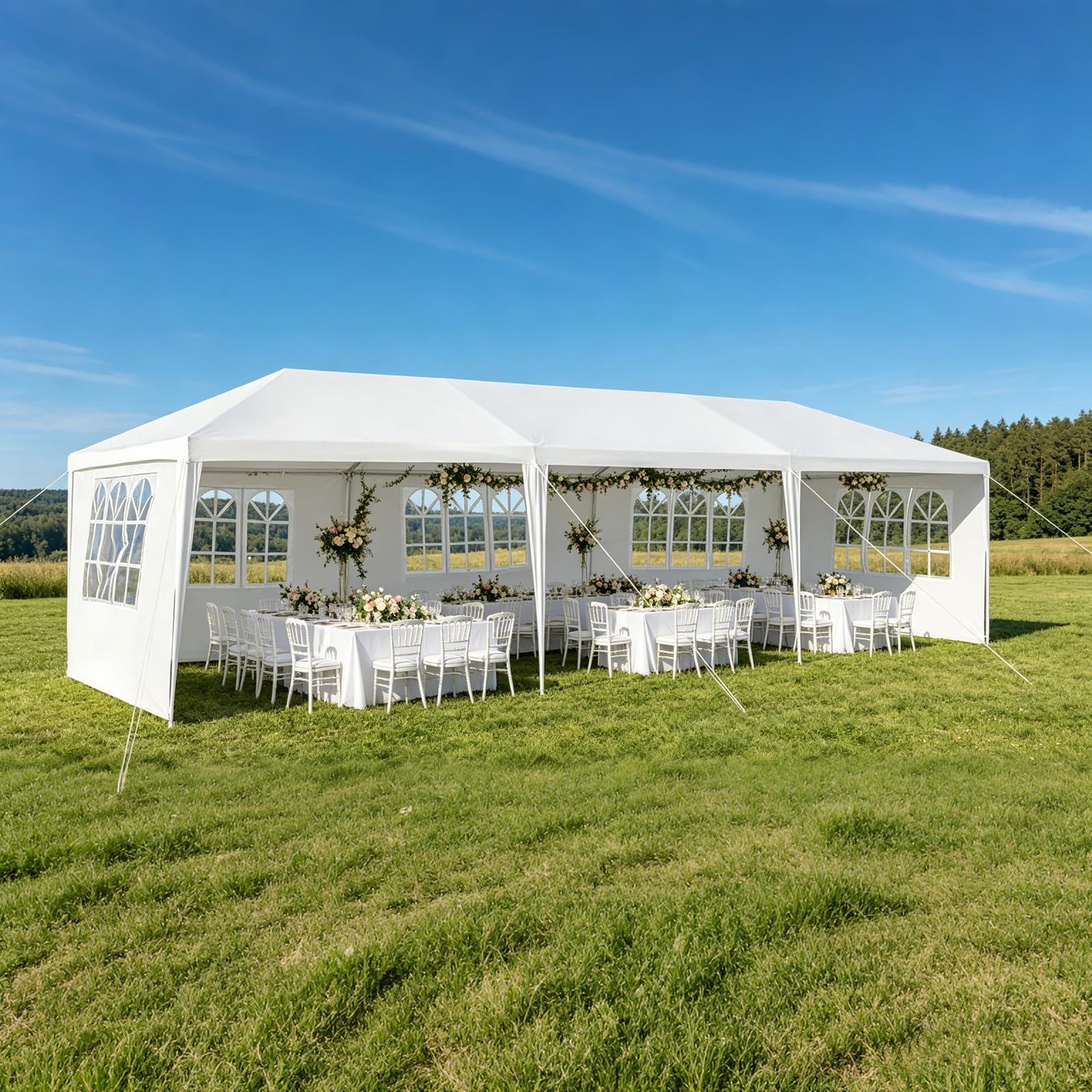 KOMFOTTEU Carpa Plegable 3 x 9 m, Cenador de Jardín con 5 Paredes Laterales Extraíbles y Ventanas, Carpa para Fiesta con Protección UV, Tienda Portátil para Eventos, Bodas, Blanco (3 x 9 m, 5 Paredes)