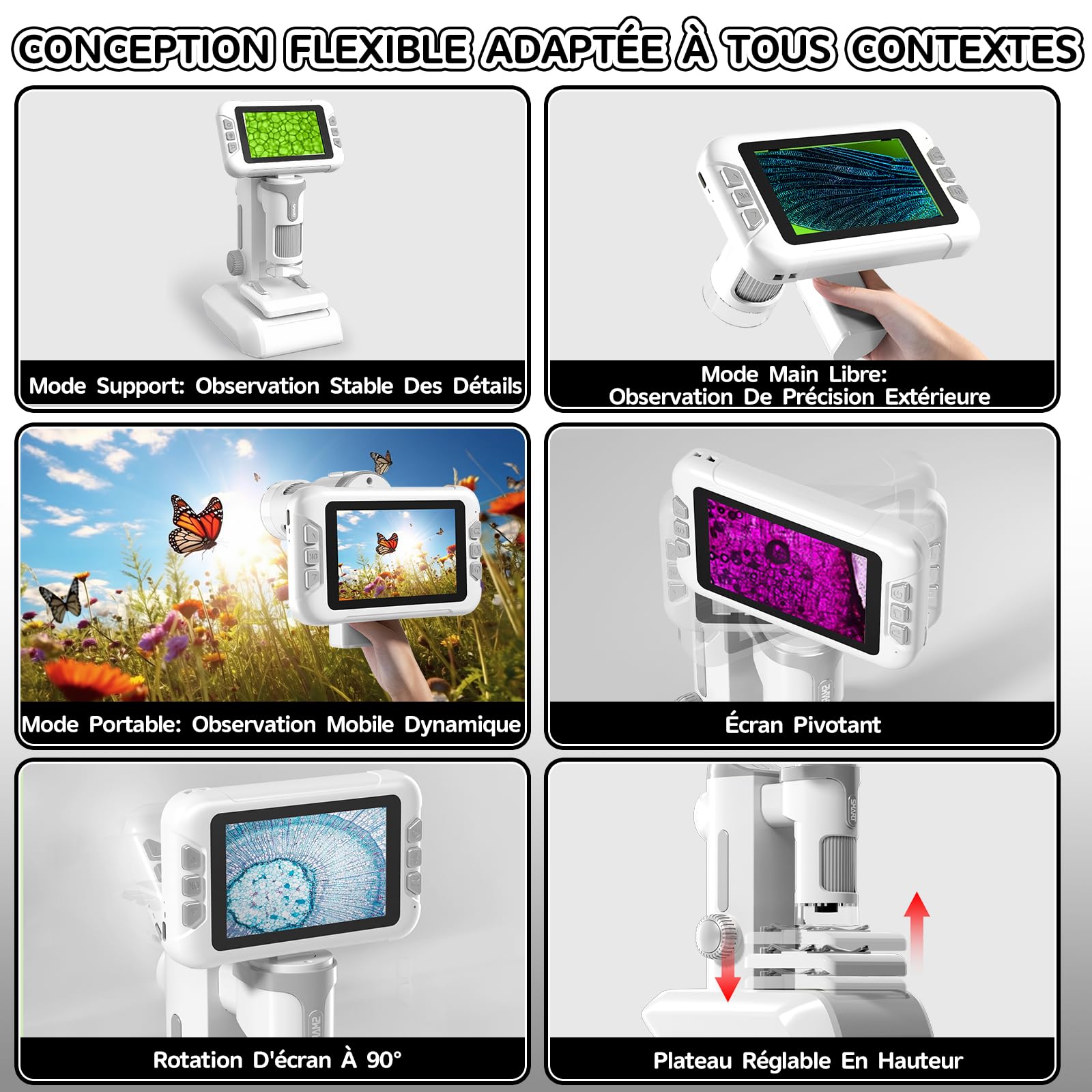 Microscope Enfant Portable avec Carte Mémoire 64Go, Écran LCD 4 Pouces, Grossissement 1600X, Prise de Photos et Vidéos