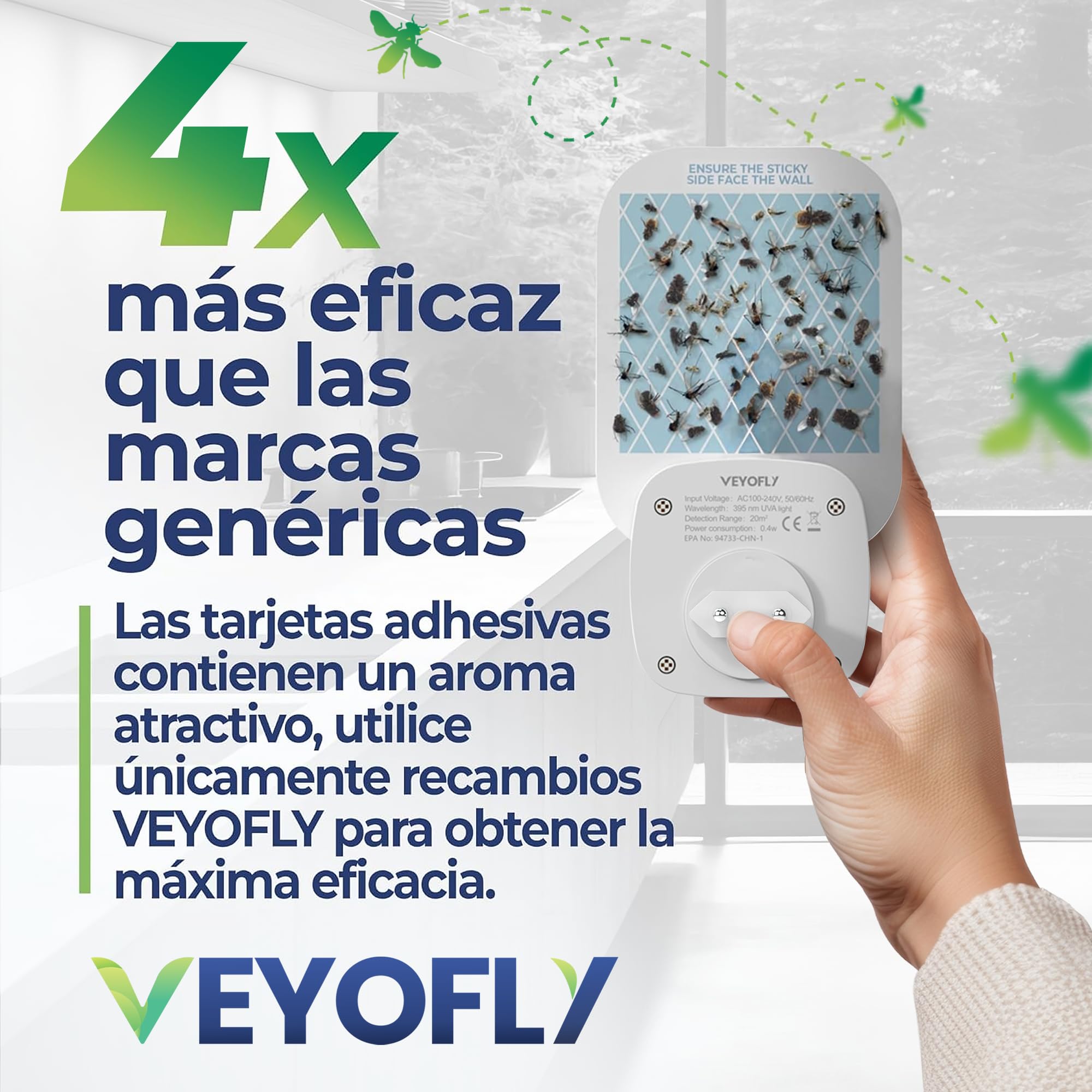 VEYOFLY Trampas para Moscas de la Fruta para Interiores, (1 Dispositivos + 3 Repuestos), Trampa Enchufable para Mosquitos e Insectos Voladores, Luz Atrayente para el Hogar, Capturador de Mosquitos