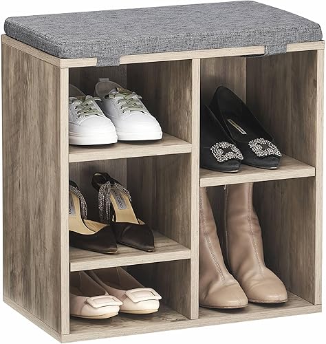 J-yaamiZz Banco de zapatos con parte superior acolchada y 5 cubos con capacidad para hasta zapatos talla 10, banco de almacenamiento de entrada,