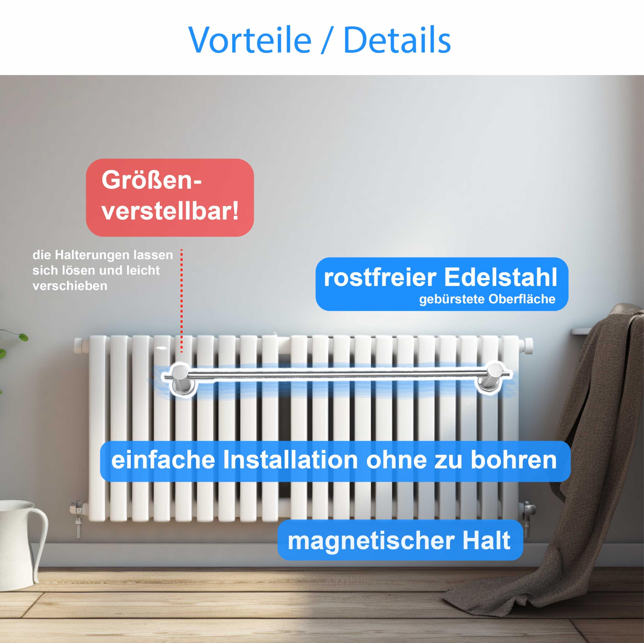 Edelstahl Handtuchhalter mit Magnethalterung – 7 Längen 40–100 cm – Ohne Bohren, extra Starke Neodym-Magnete, rostfrei, vielseitig für Bad, Küche & Heizung (70cm)