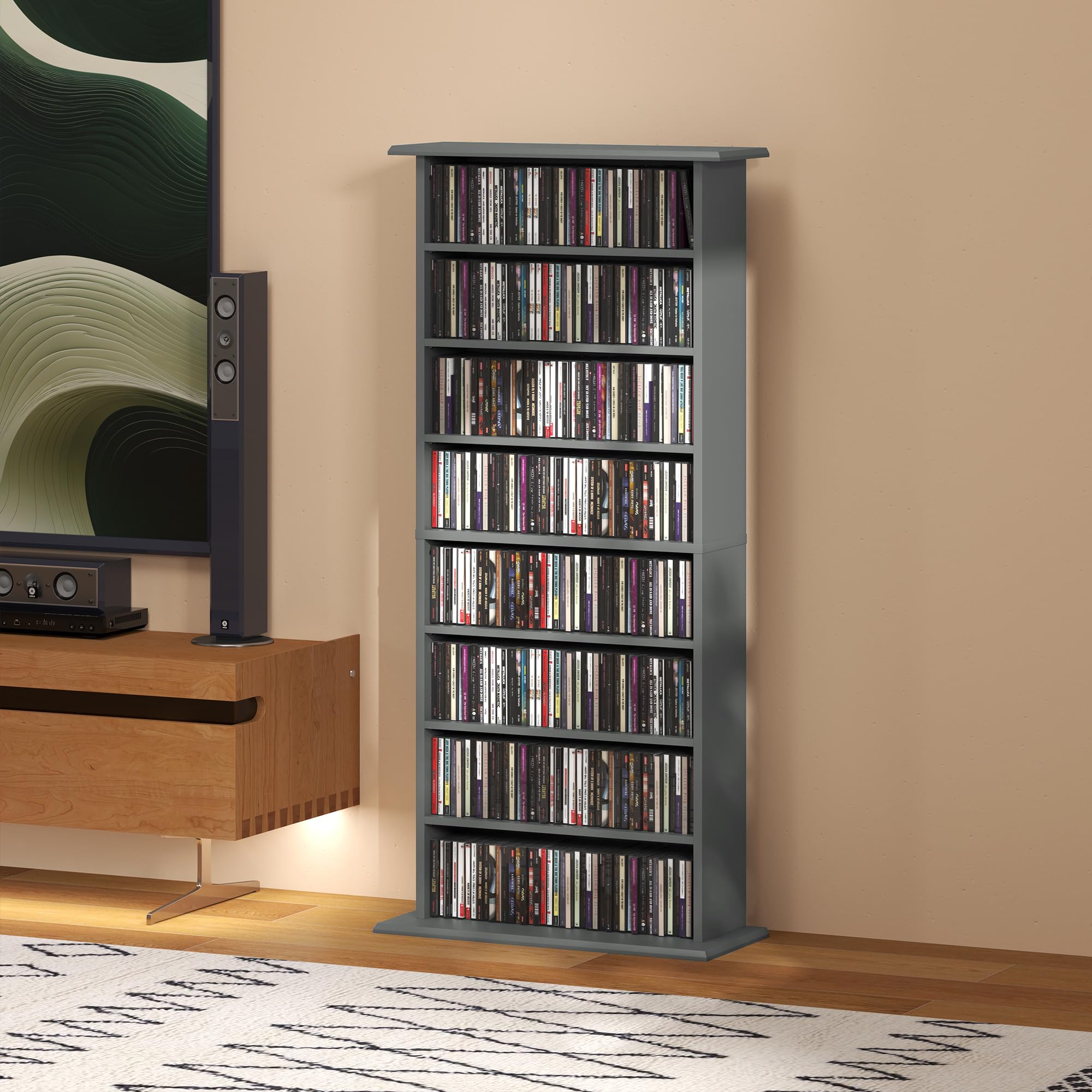 HOMCOM Rangements pour CD et DVD, meuble de rangement multimédia, capacité 360 CD/185 DVD et Blu-ray, 8 compartiments et 6 étagères réglables, pour salon, chambre, 58x24x126,3cm, gris