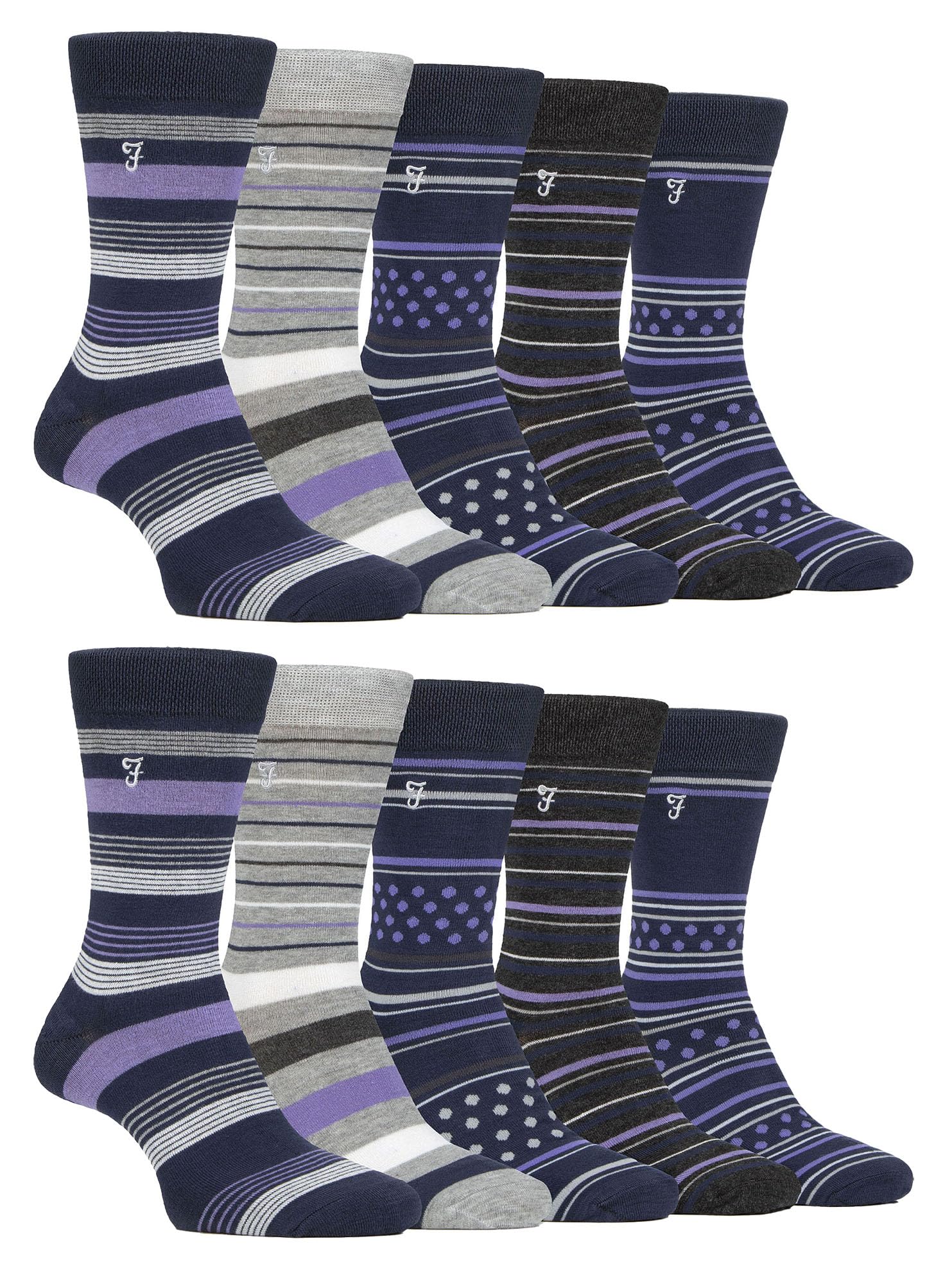 Farah 10 Pairs Multipack Mens Bamboo Dress Socks Bright Cotton Socks with Gentle Grip Top (6-11, Navy/Purple)