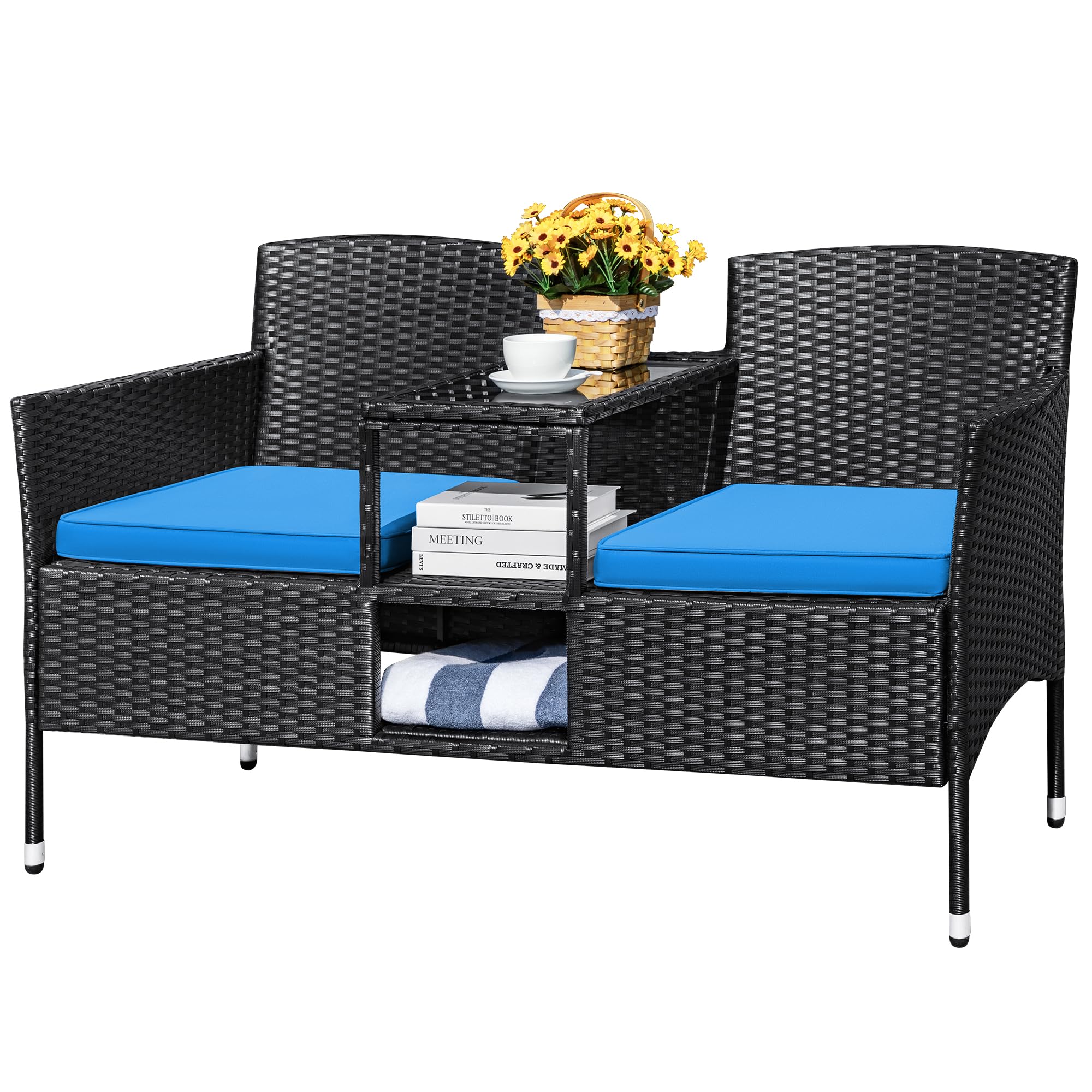 Devoko Outdoor Patio Loveseat Modern Rattan 2-Seat Patio Conversation Set with Cushions & Built-in Coffee Table Porch Furniture for Garden Lawn