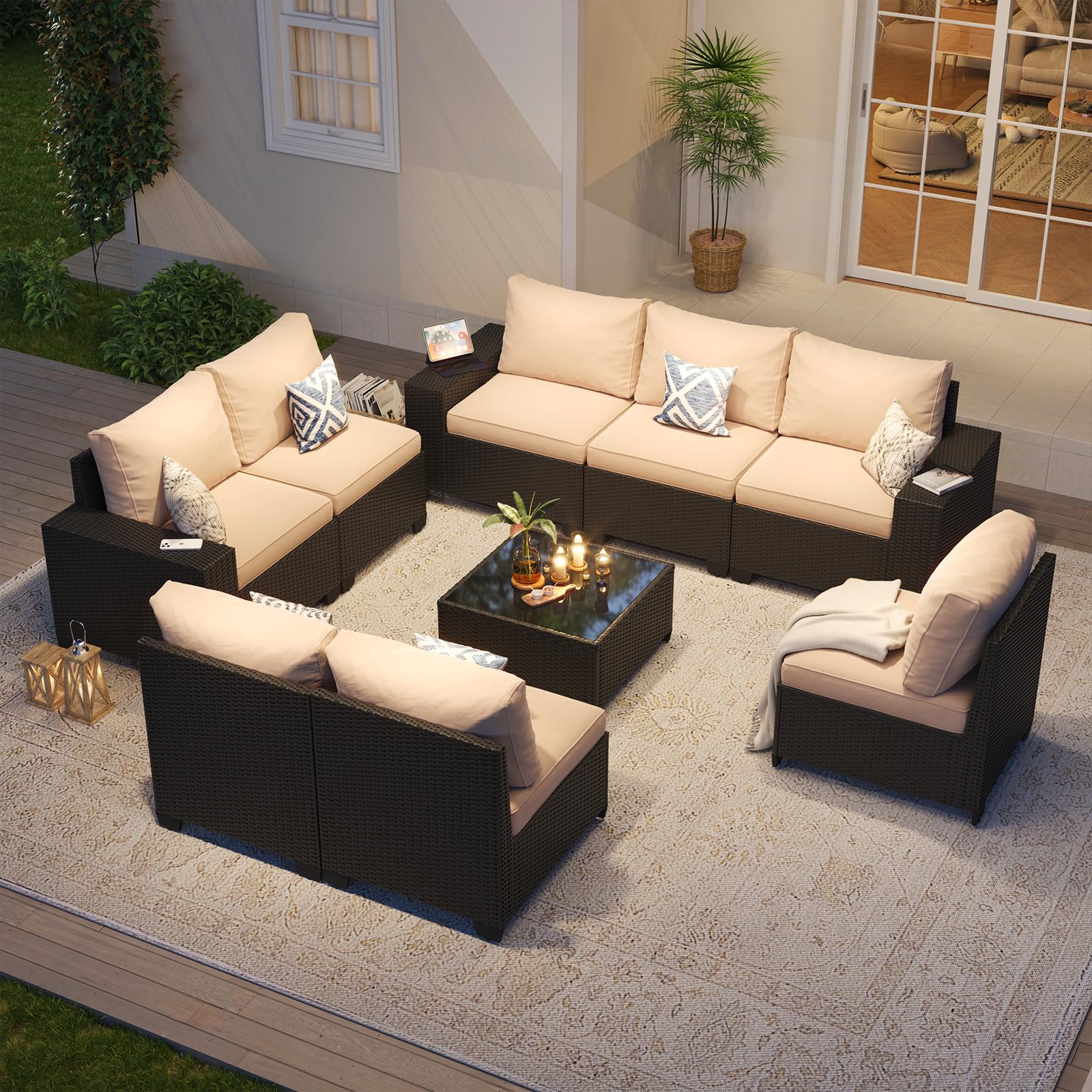 Aoxun Patio Furniture Set, 9 Pcs Outdoor Patio Furniture Sets with 4 in Thicken Cushion, Widen Armrests Wicker Outdoor Sectional for Backyard (