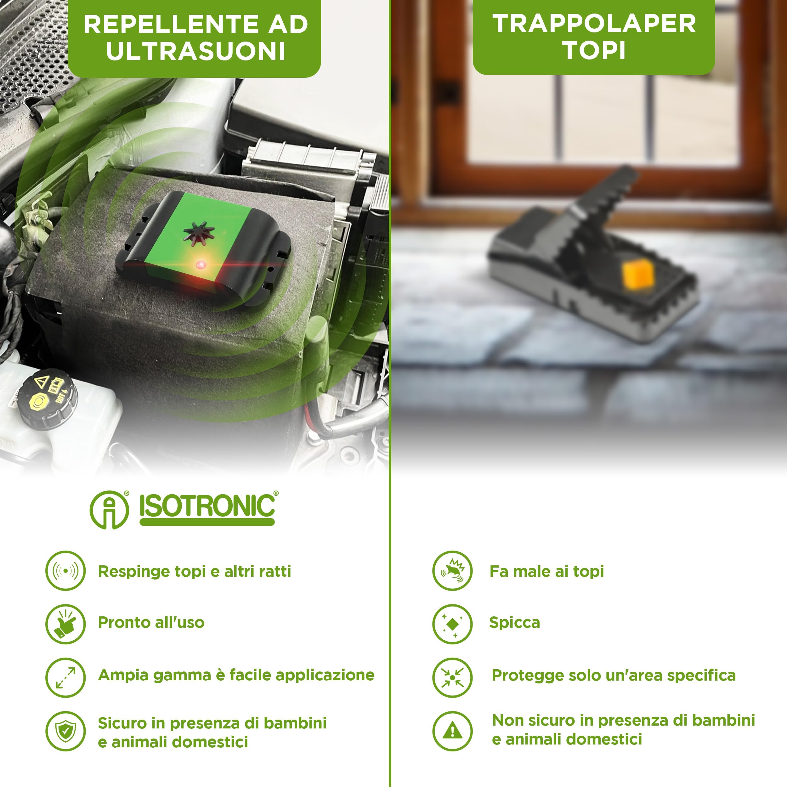 ISOTRONIC repellente martore auto batteria sensore vibrazione ultrasuoni protezione soffitte garage dissuasore raggio 40m² 3 unità efficace interno esterno difesa stop roditori mobile antiroditore