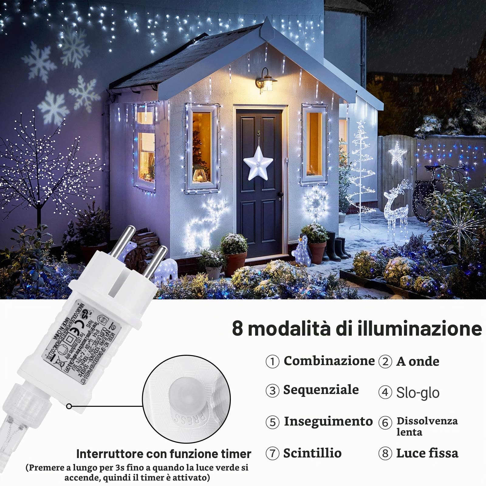 Joomer Luci Natale Esterno Cascata, 12M 400LED Luci Natalizie da Esterno con Timer Funzione, 8 Modalità LED Luci Stringa adattatore per matrimonio Tetto Casa Bar Natalizia Decorazione(Bianco Freddo)