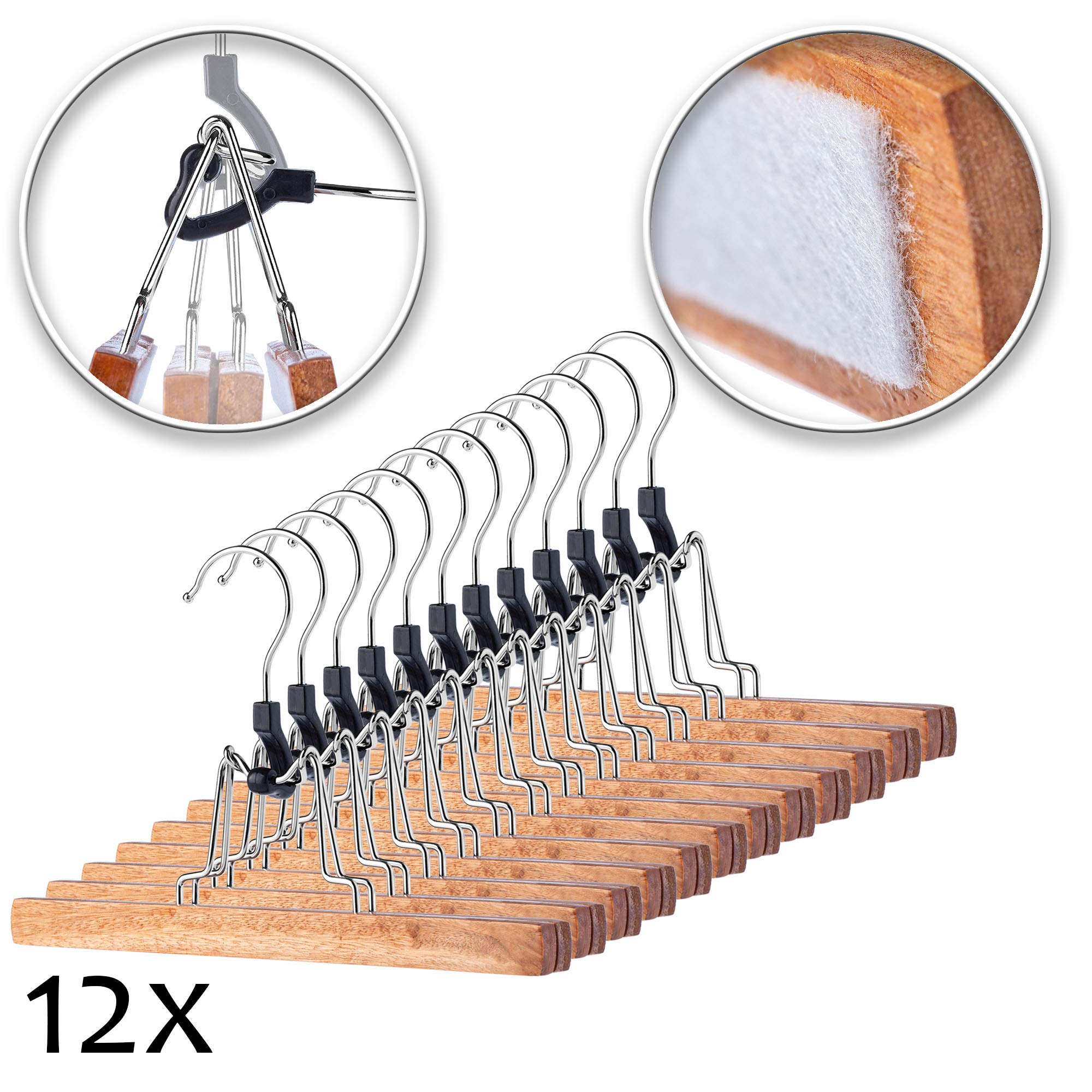 KADAX Perchas de Madera para Pantalones de Ropa, Pantalones, Falda, tensores de Pantalones, Falda, Falda, Falda, Tensor de Falda, Gancho Giratorio de 360° de Metal, Antideslizante (12)