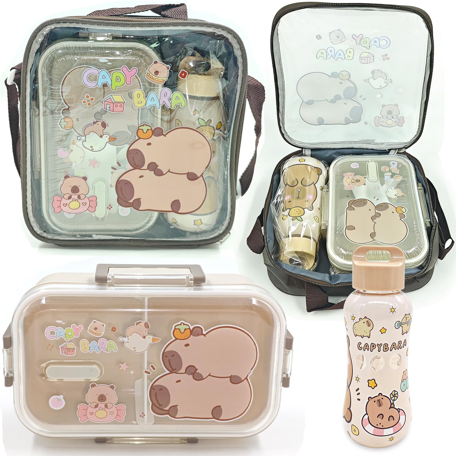Spiritzohic Capybara Insulated Lunch Bag Set, Childrens Capybara Lunch Box Set, 800ml Bento Box and 350ml Leak Proof Water Bottle, for School Work Picnic Travel Beach, Gifts for Children (D)