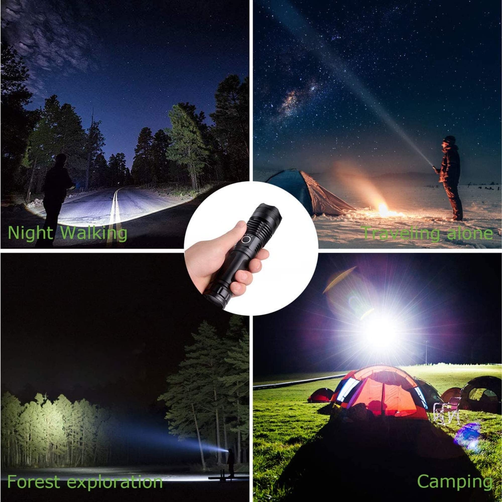 Latarka taktyczna 10 000 lumenów, ładowana, jasna latarka z 5 trybami, wodoodporna, z zoomem, XHP50 LED do wędrówek, polowania, biwakowania, nagłych wypadków, sportów na świeżym powietrzu