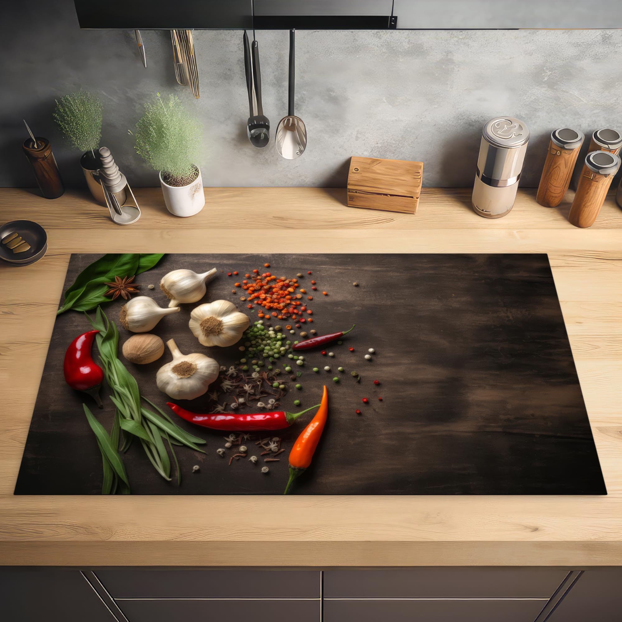 KitchenYeah© Inductie Beschermer 90x52 cm Keuken Decoratie Kookplaat Beschermer voor Inductiekookplaat Afdekplaat Anti Slip Mat - Kruiden - Specerijen - Basilicum - Hout print - Knoflook