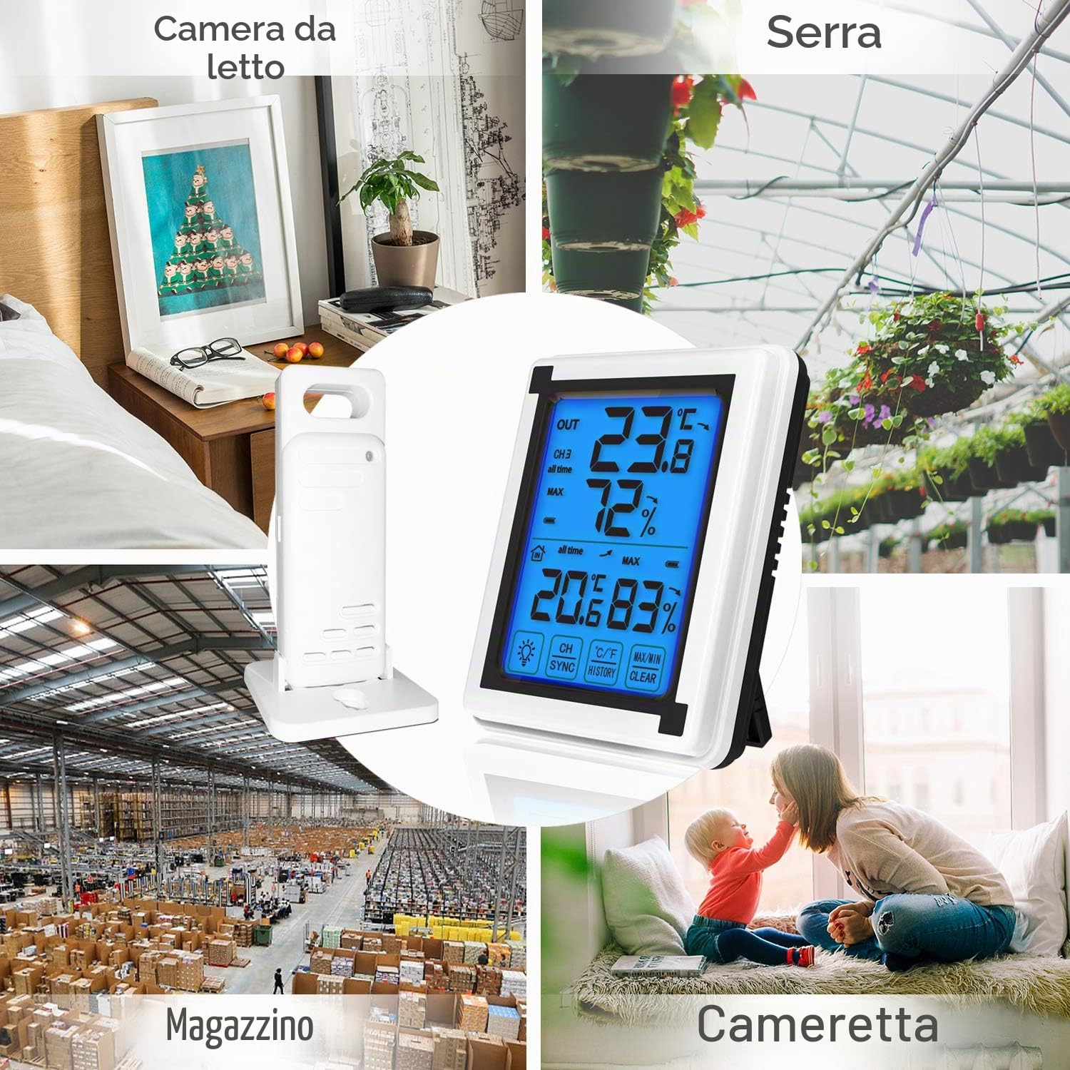 ThreeH Indoor Outdoor Termometro Igrometro Digitale con 3 Sensori Wireless Misuratore di umidità Misuratore di Temperatura Accurato con Retroilluminazione LCD Touchscreen (3 sensori)
