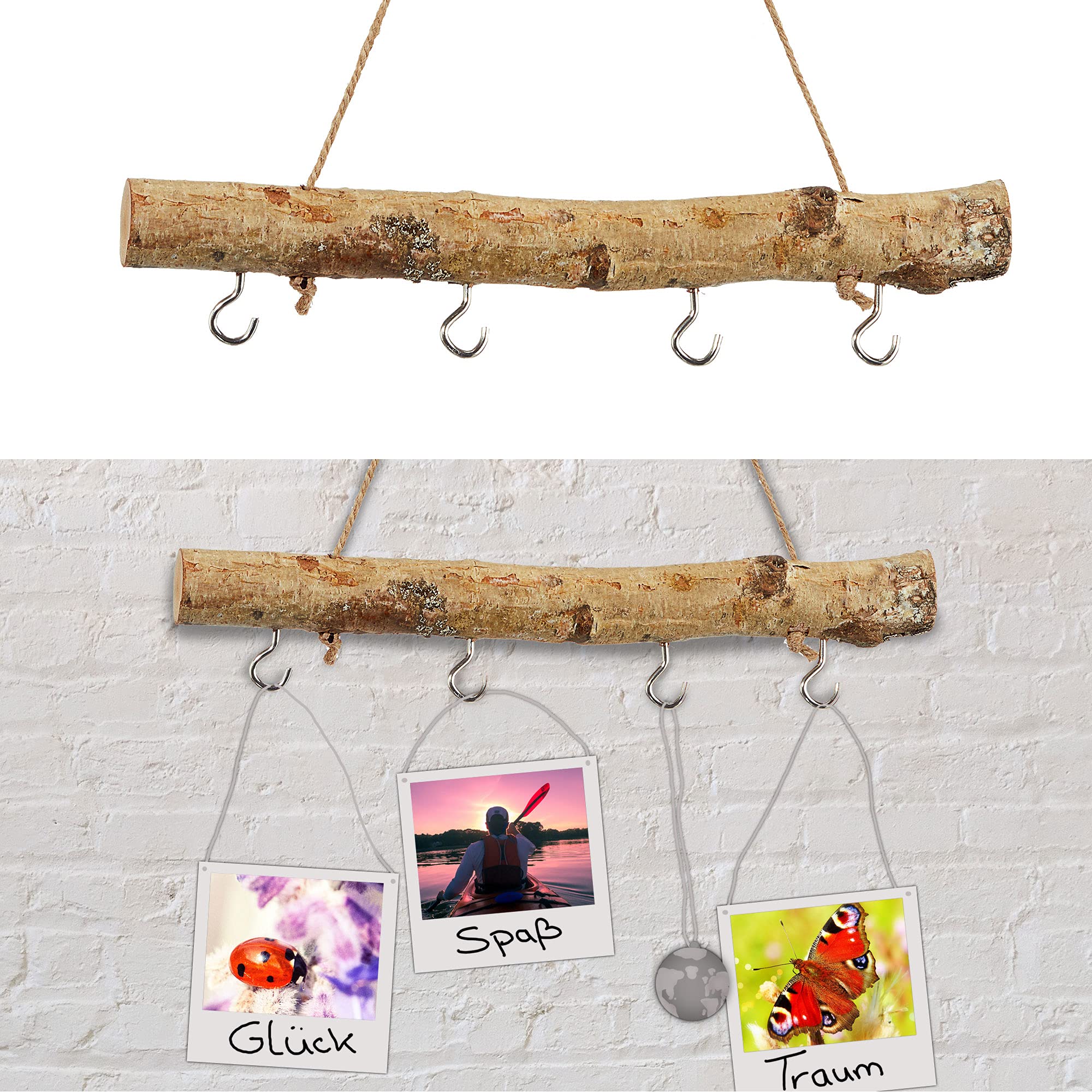Cepewa Deko-Holzstange DIY | Deko-Holzstange 30 cm mit 4 Metallhaken