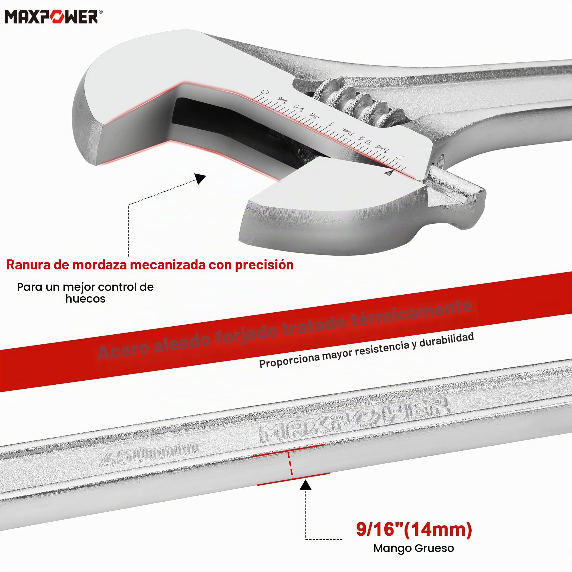MaxPower Llave Inglesa Ajustable 18” (450mm), Acero Cr-V, Aprtura 55mm, Escala Métrica y SAE para Fontanería