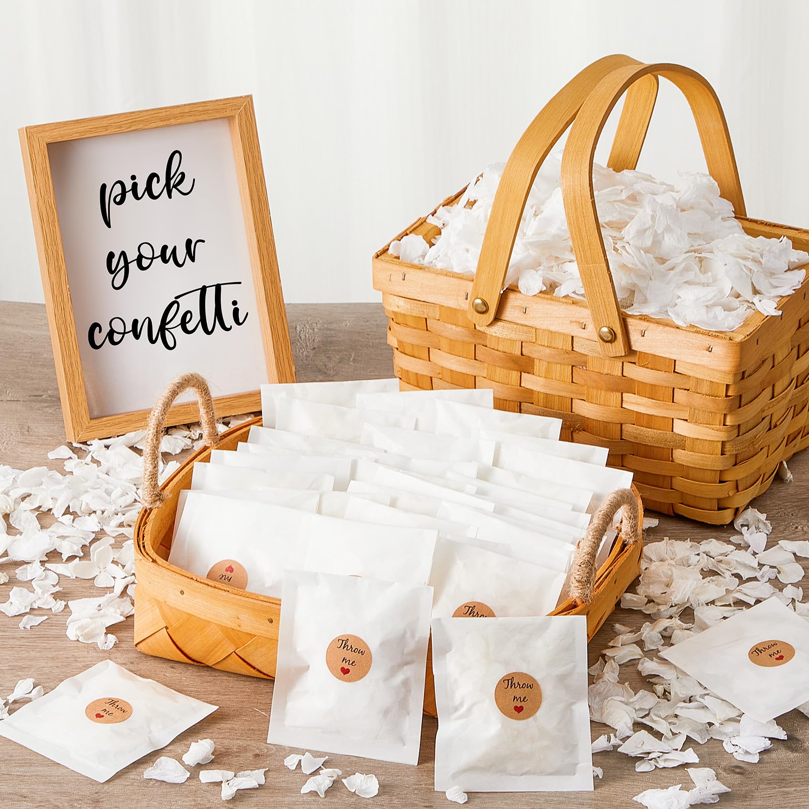 Wavwavw Paquete de 55 confeti biodegradables, pétalos de flores de hortensias secos blancos con 60 calcomanías de confeti de boda, pétalos de flores biodegradables para bodas, ideas de envío,