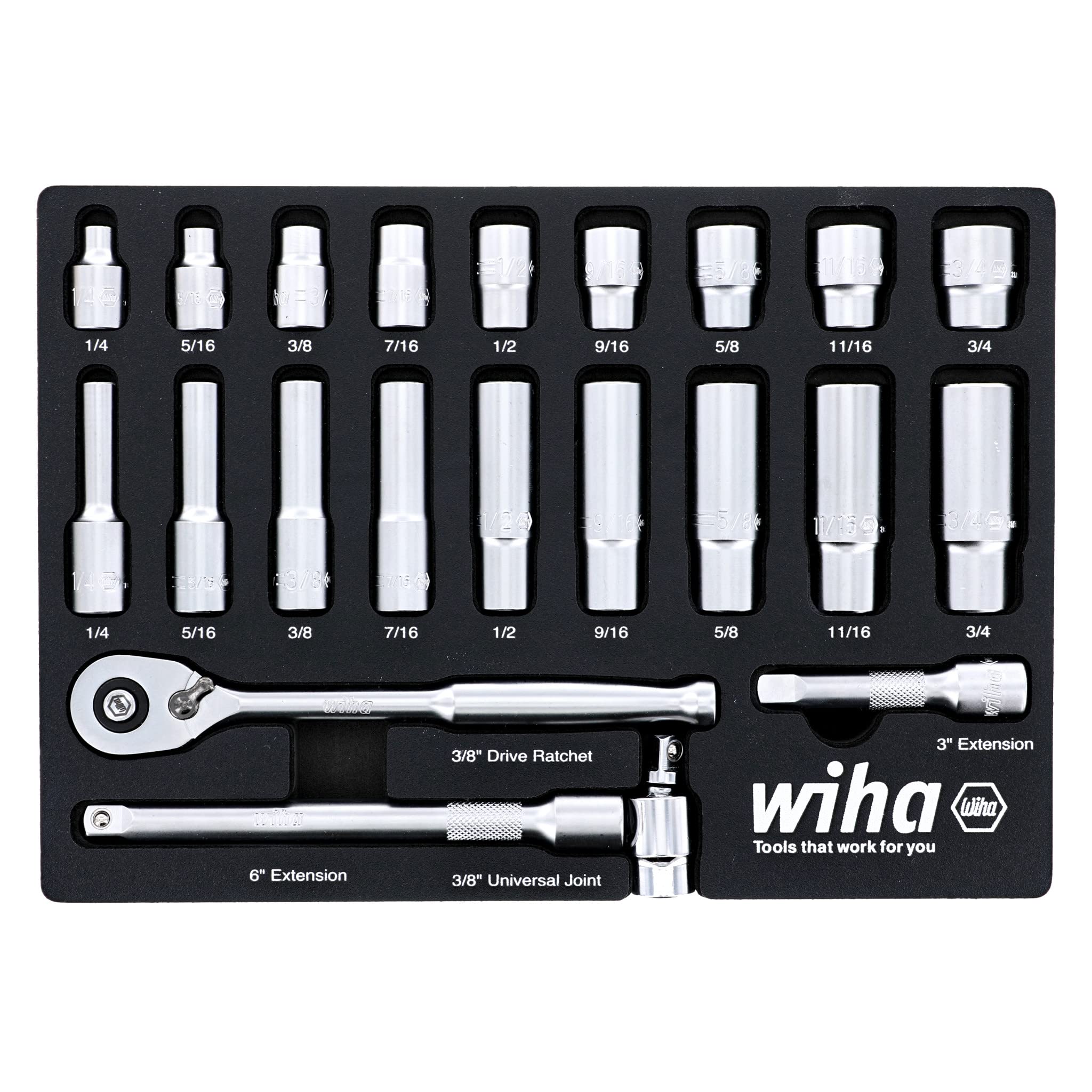 Wiha 33796 22 Piece 3/8" Drive Professional Standard and Deep Socket Tray Set - SAE