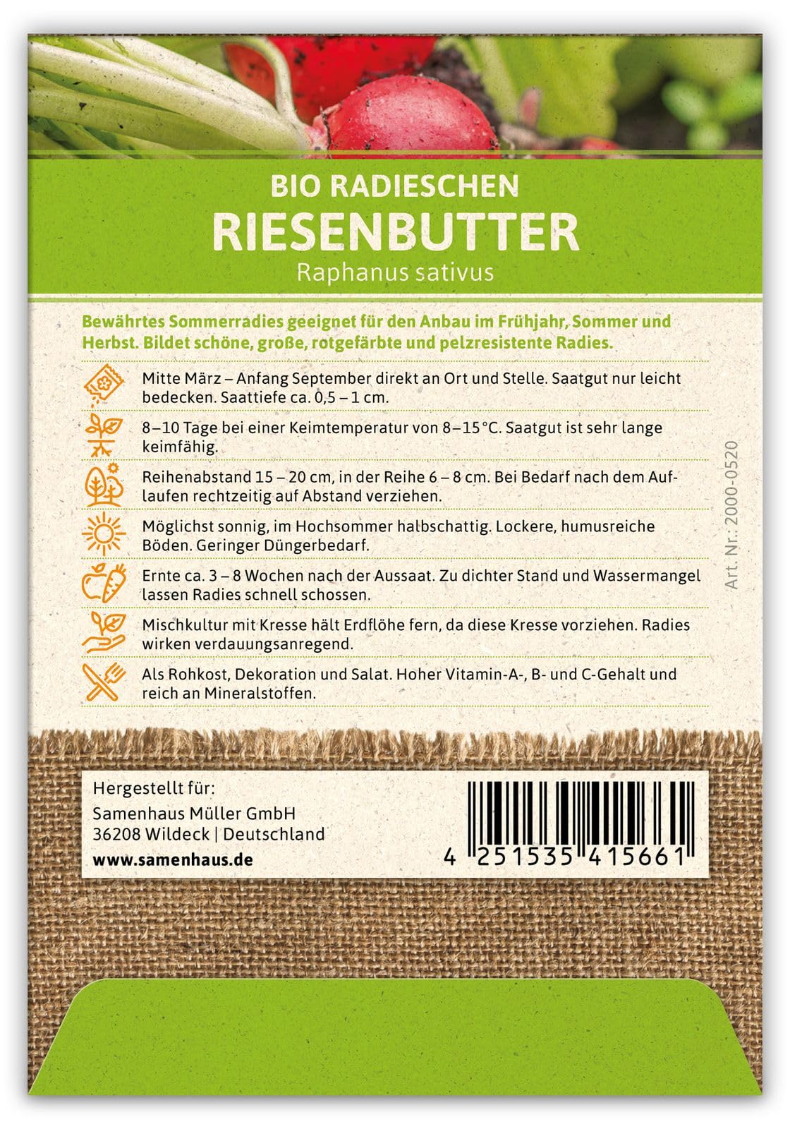 FLORTUS 2000-0520-100x Radieschen Riesenbutter (100 Stück) (BIO Radieschensamen)