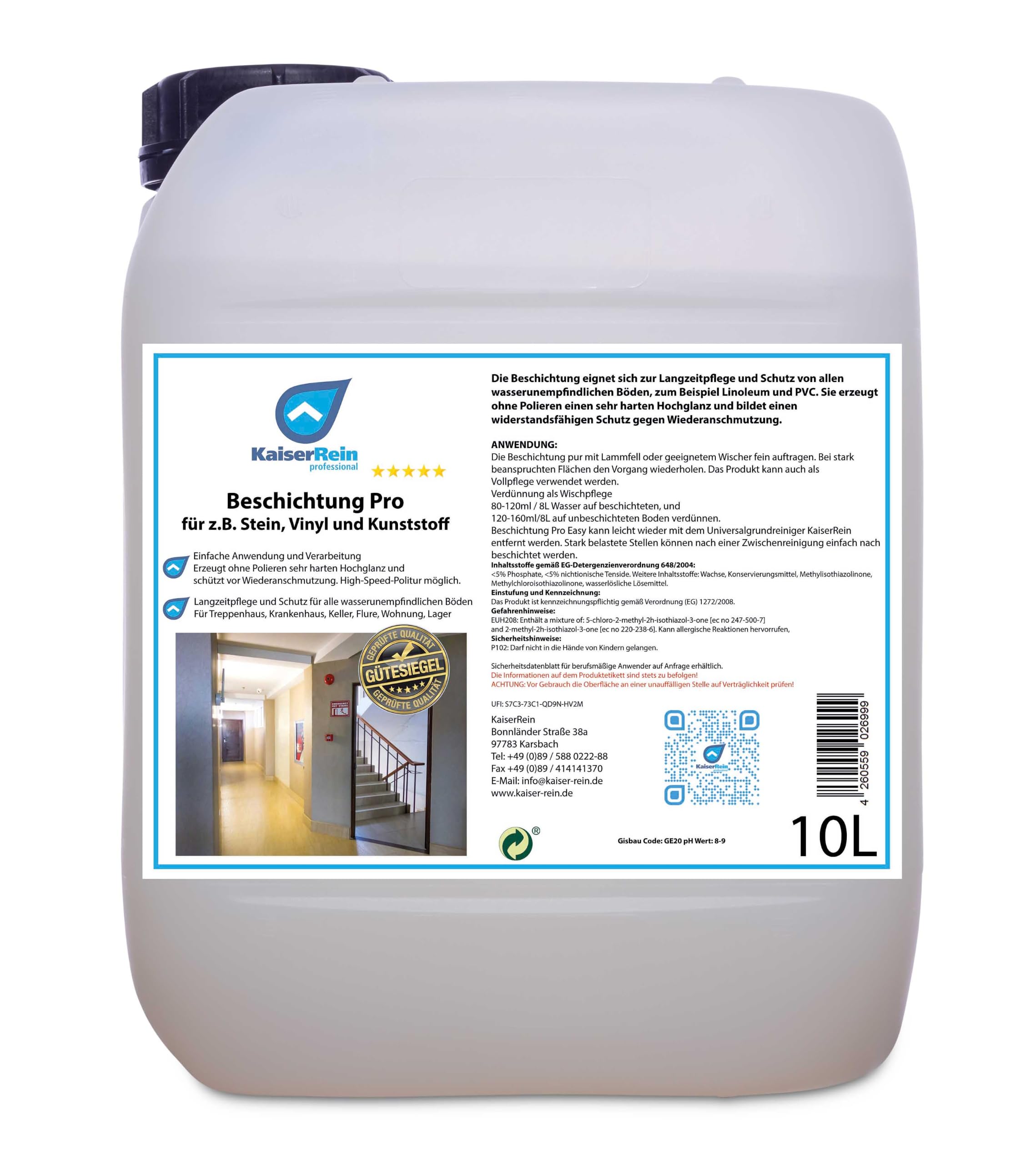 KaiserRein Bodenbeschichtung Beschichtung Pro Easy, Bodenversiegelung für wasserunempfindliche Böden, Hochglanz ohne Polieren, für Vinyl, PVC, Linoleum, Stein & Kunststoff, 10 L