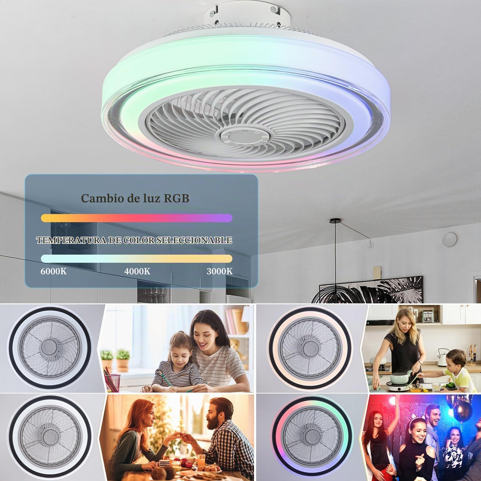 Inteligente Niños RGB Moderna Lámpara Ventilador Techo Motor DC 6 Velocidades Reversible Alexa Altavoz Musical Bluetooth Ventilador De Techo Con Luz Y Mando A Distancia Para Dormitorio Salon