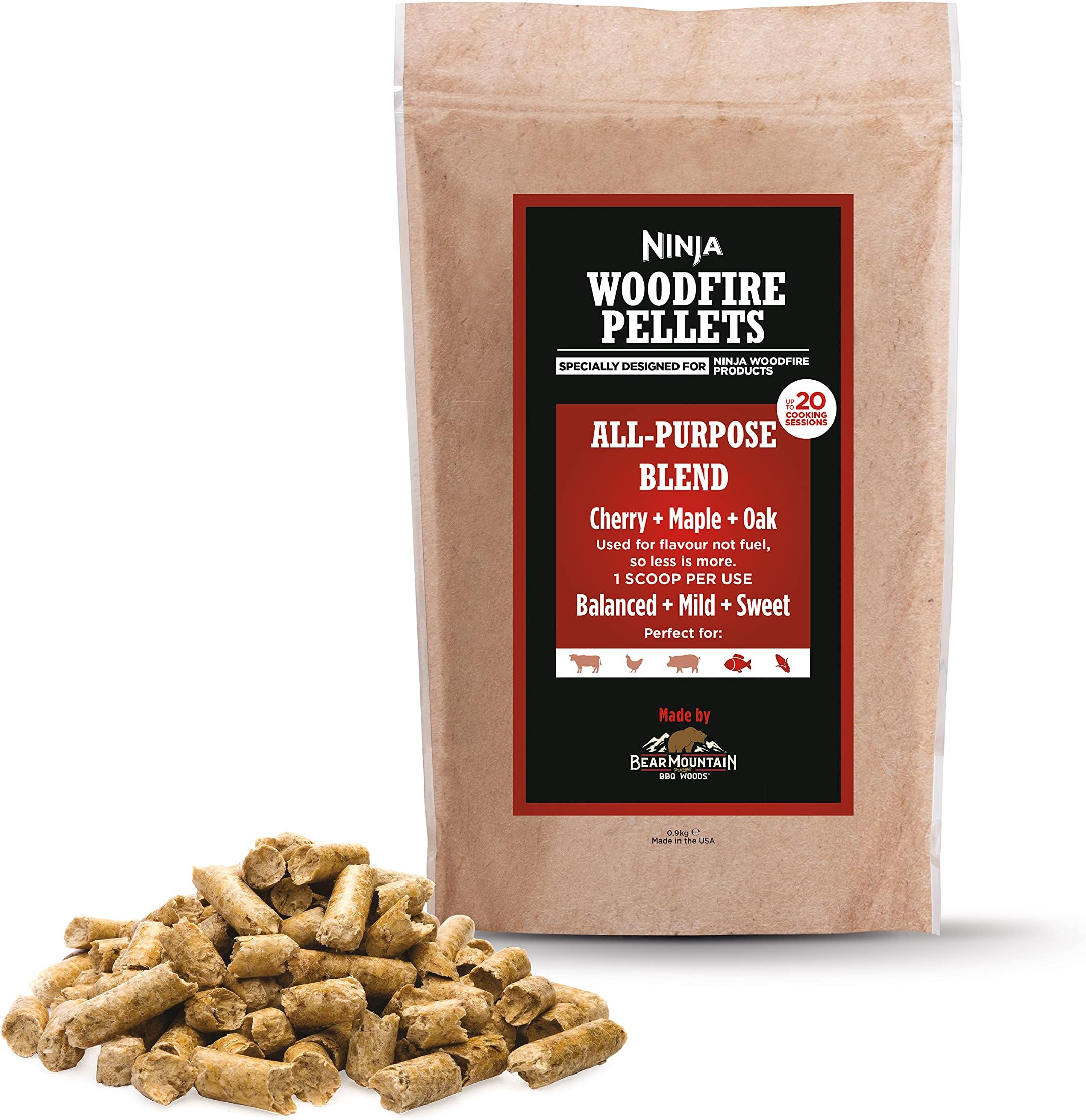 Ninja Woodfire Pellets, All-Purpose Blend, 900g Bag, Up to 20 Cooking Sessions, Hardwood Pellets, Only for use with Ninja Woodfire range, XSKOGAPBPL2UK