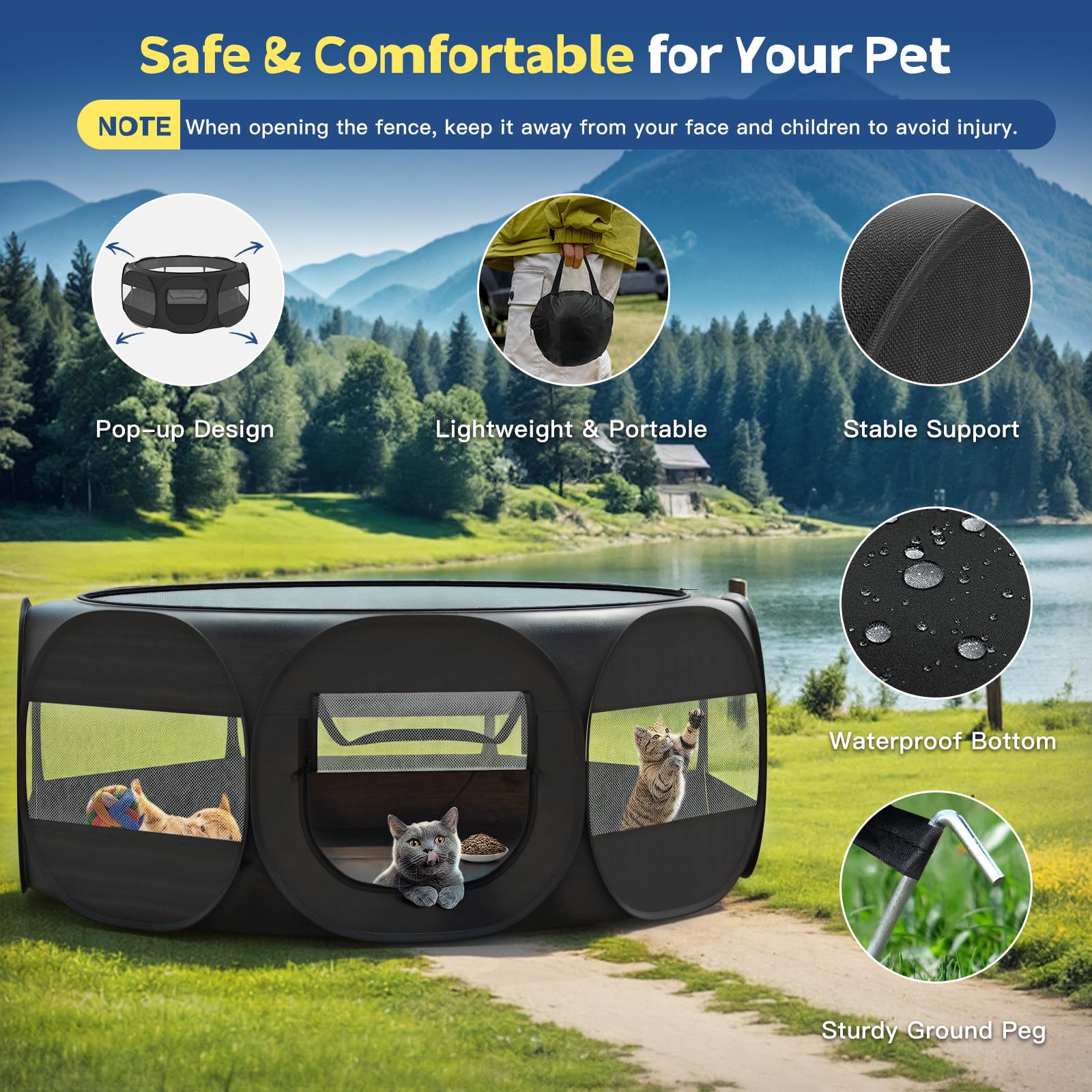 VavoPaw Box per Piccoli Animali, Tenda per Gatti Traspirante con Copertura a Cerniera Rimovibile e Base Impermeabile, Recinto Portatile per Cuccioli, Gattini, Conigli, Uso Interno/Esterno, Nero