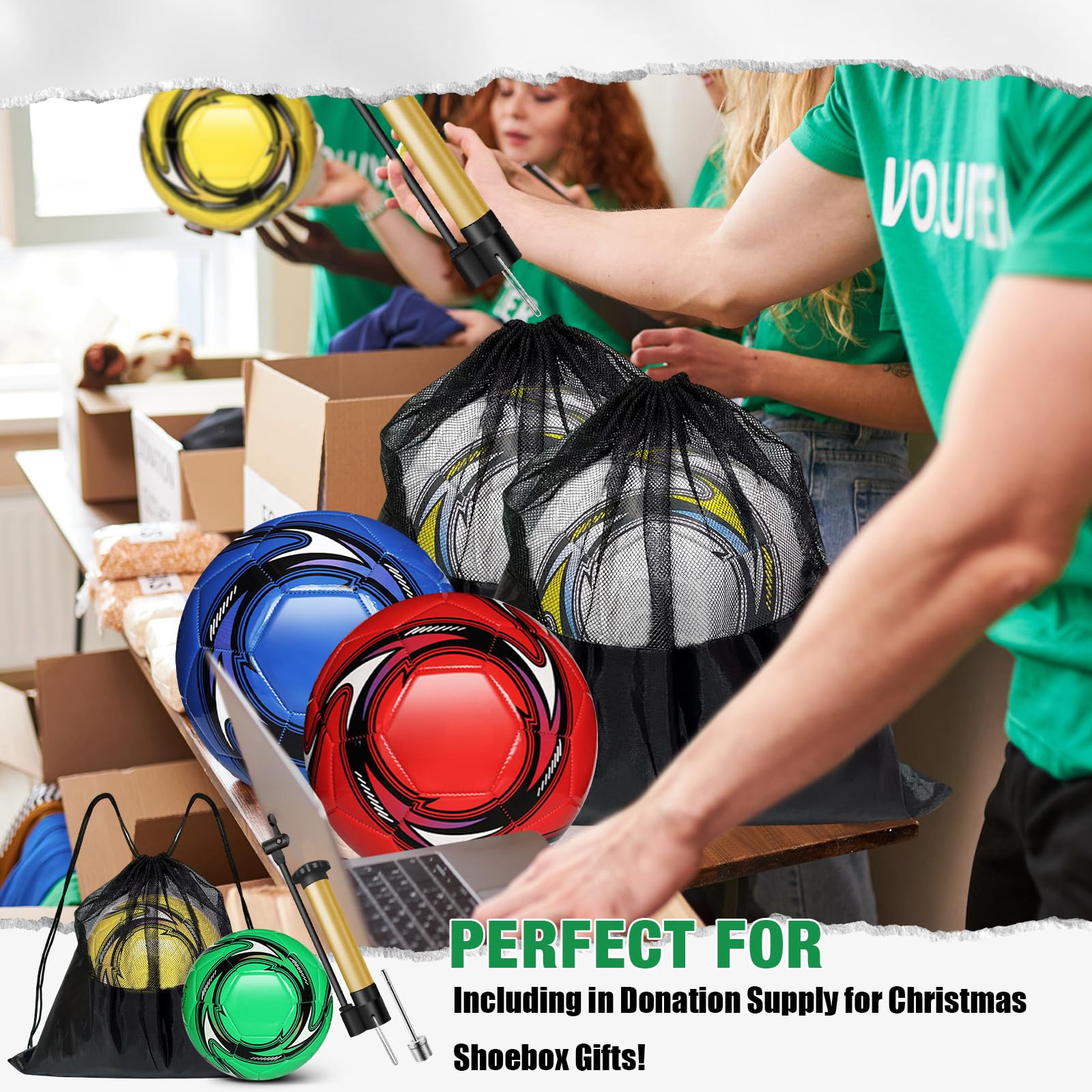 Weihnachts-Fußball mit Pumpe, unaufgepumpt, 6 Stück, mit Netz-Sporttasche, Pumpnadel für Schuhkarton, Geschenkfüller, Wohltätigkeitsorganisationen, Spenden