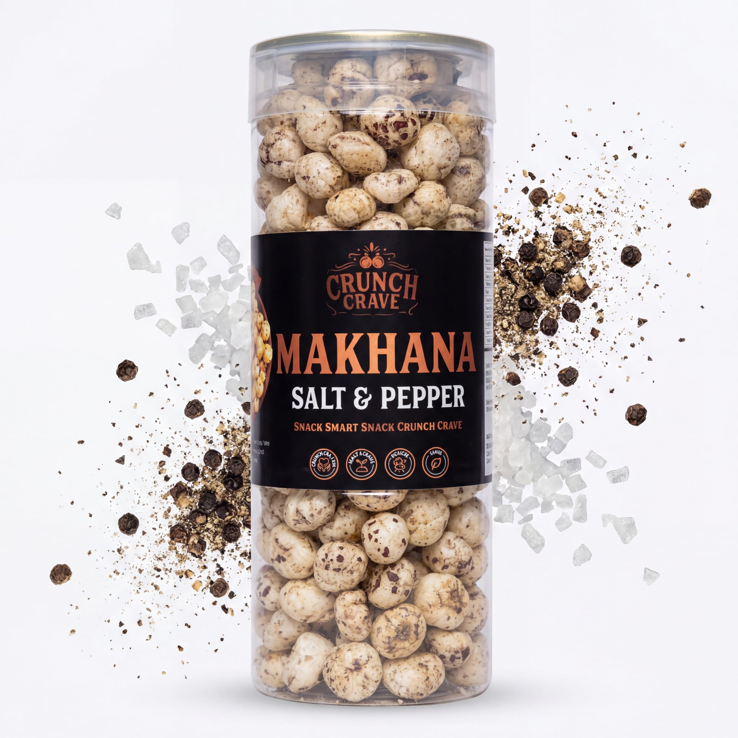 Crunchcrave Roasted Makhana Salt & Pepper, Jain Friendly, No Onion No Garlic, High Fiber Protein Snack