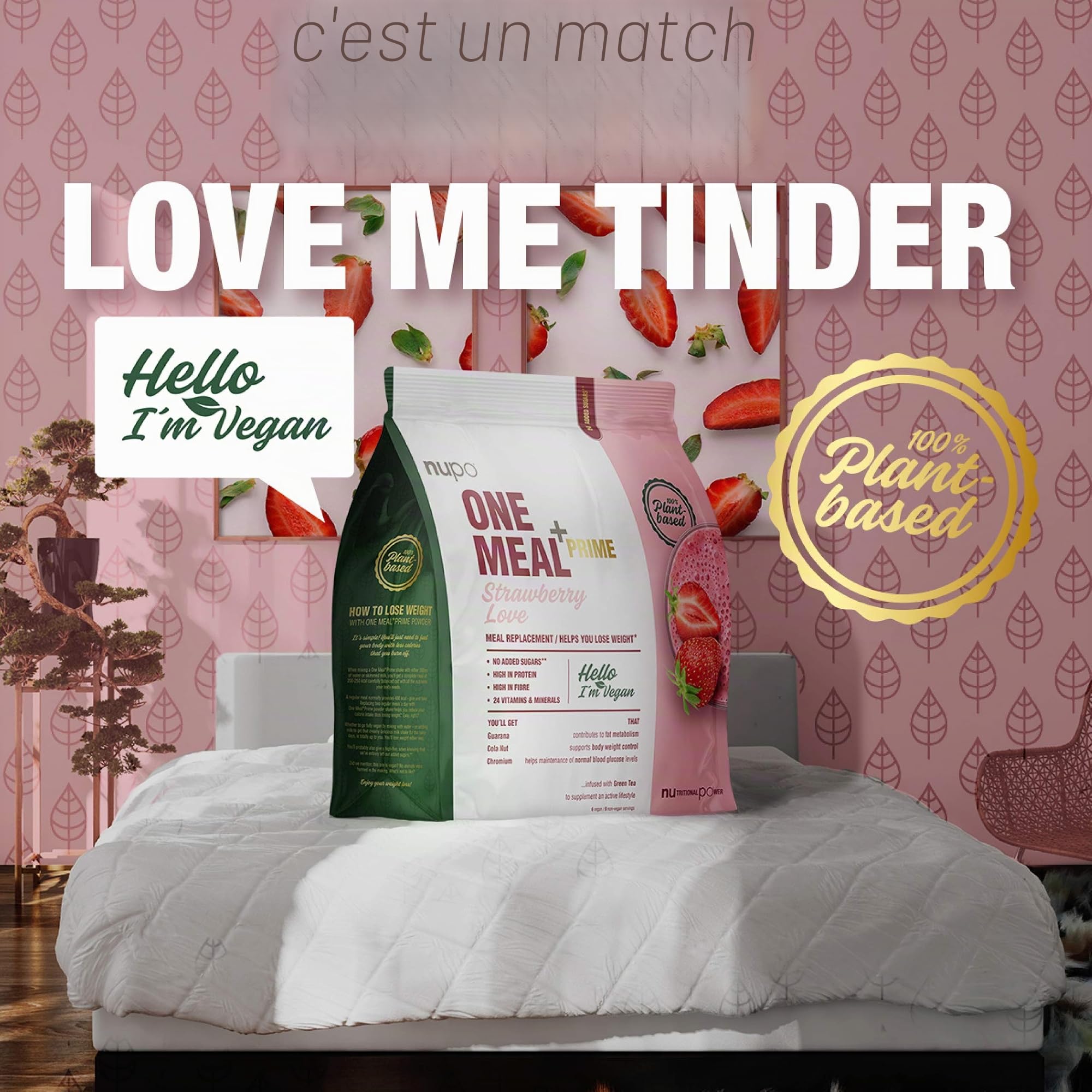 NUPO One Meal +Prime Vegan Shake – Fraise I Shakes de remplacement de repas savoureux pour un régime équilibré I Riche en protéines I Sans sucres ajoutés I 24 vitamines et minéraux I 360g