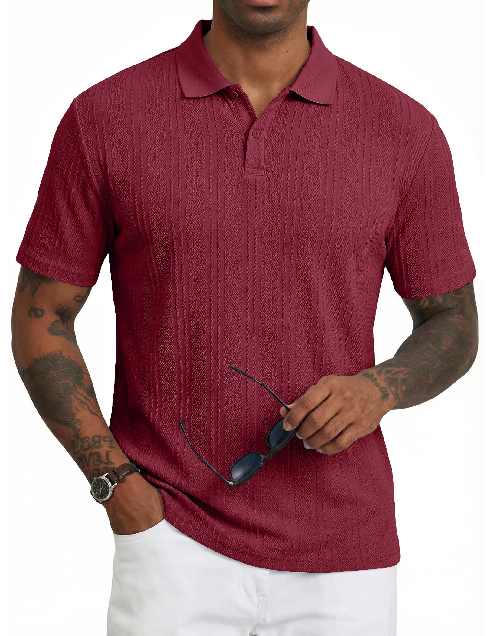 JMIERR Mens Polo Shirt Textured Short Sleeve Summer Button Collar Knitted Golf Polos