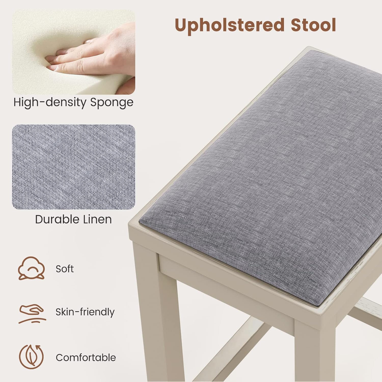COSTWAY Upholstered Saddle Stools Set of 2, 31-inch Height Vintage Counter Height Chairs with Solid Wood Legs, Modern Backless Design Indoor Bar Stools for Kitchen Island, Bistro, Greige+Grey