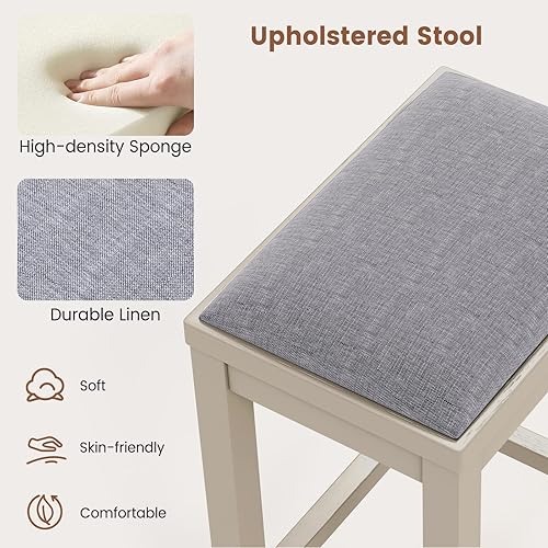 Miniatura 8 de COSTWAY Juego de 4 taburetes tapizados, sillas vintage de altura de mostrador de 31 pulgadas de altura con patas de madera maciza, taburetes de bar