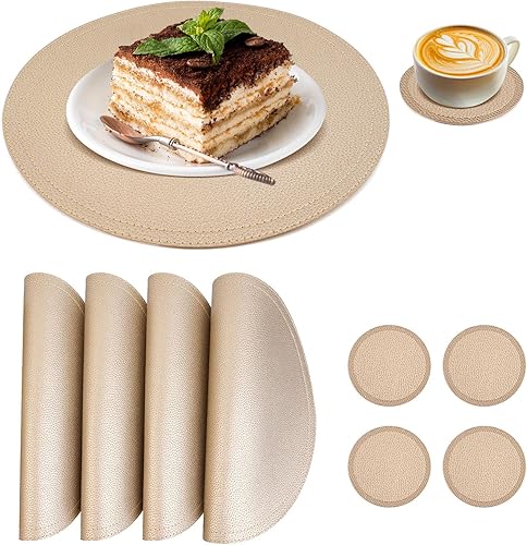 Juego de 4 manteles individuales y posavasos redondos de piel sintética, tapetes de café, impermeables, fáciles de limpiar para cocina, comedor,