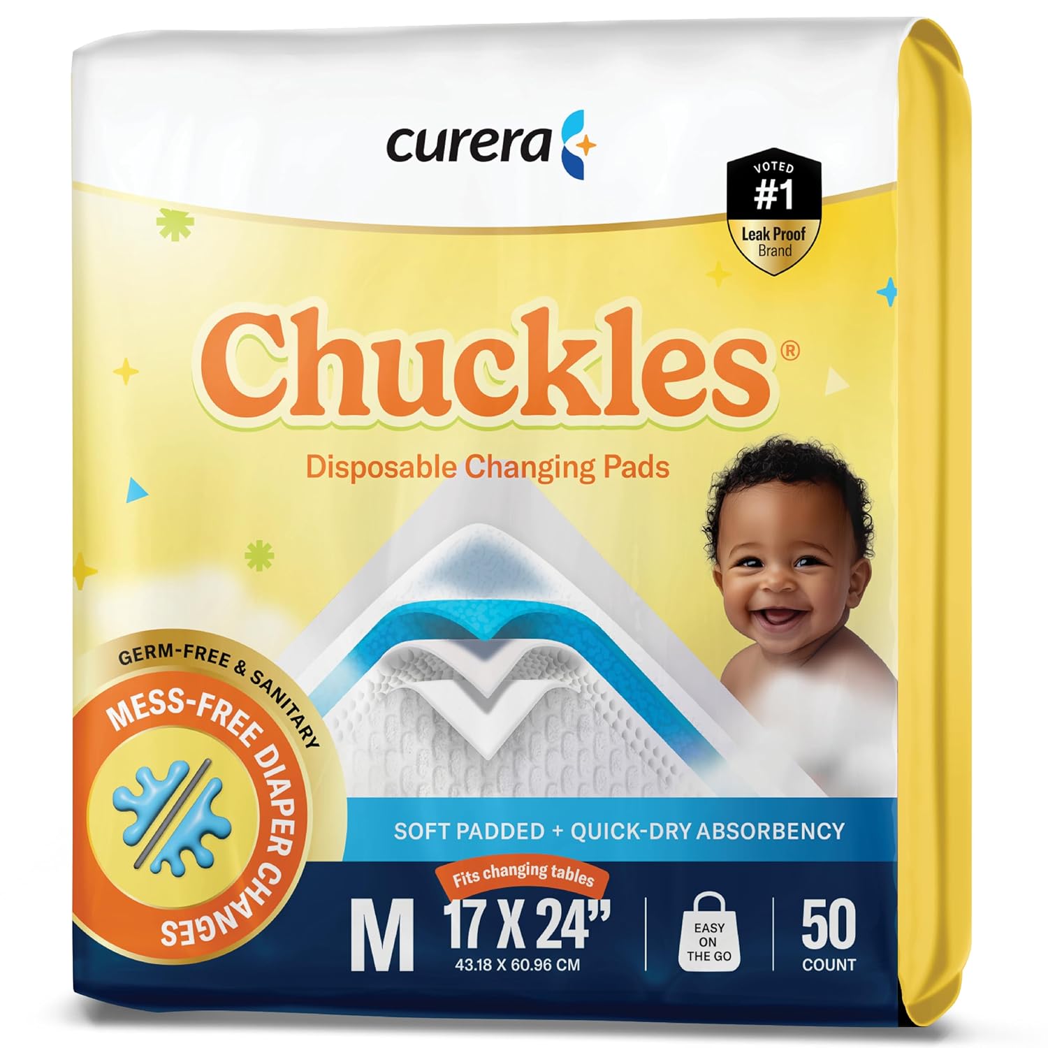 Chuckles® 5-Layer Disposable Changing Pads for Baby - 17x24 50ct Disposable Diaper Changing Pads, Changing Pad Liner, Baby Pee Pads, Diaper Pads, Hypoallergenic Changing Pads for Travel - Curera Brand